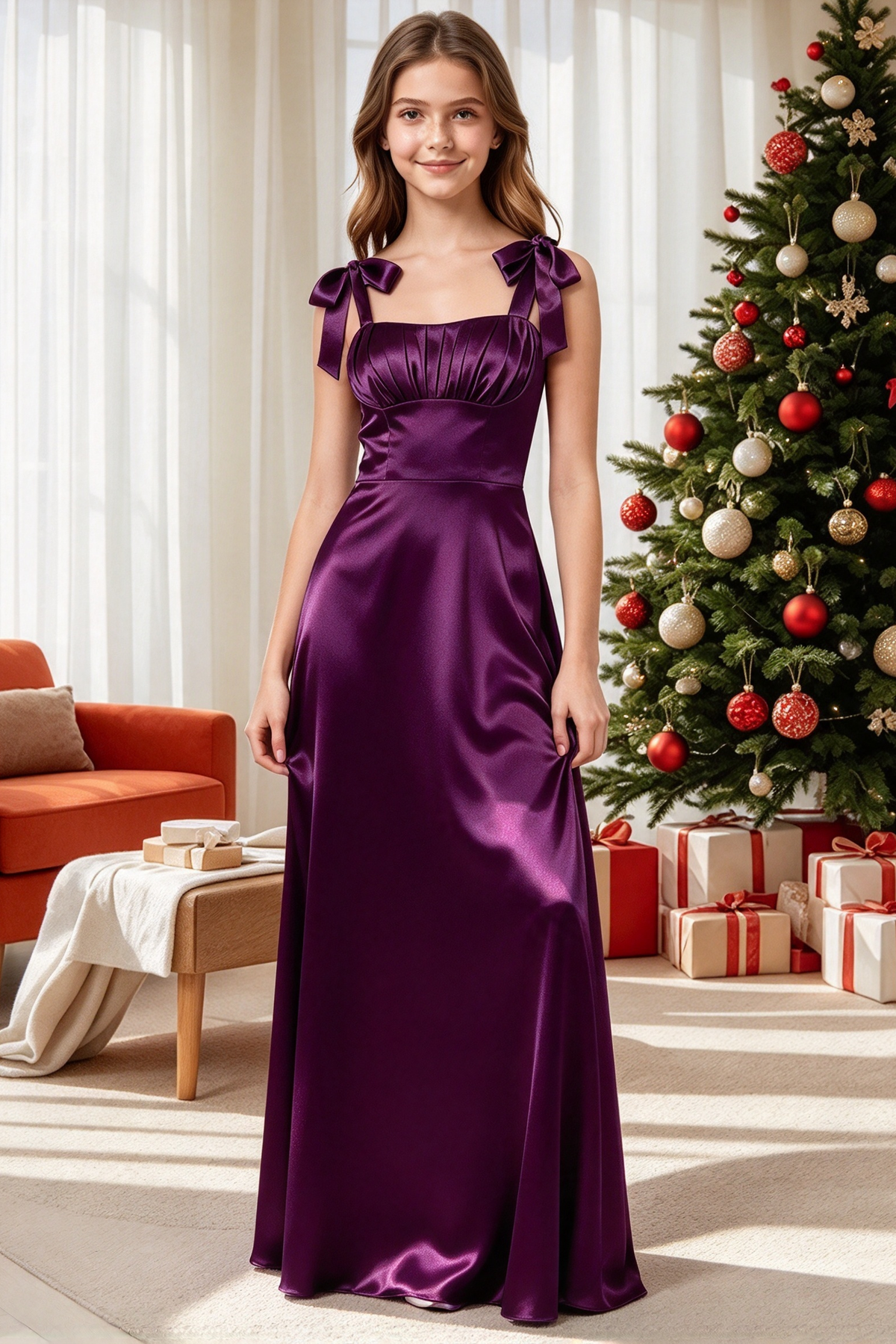 Wine Red Satin Bow Strap A-Line Formal Girls Maxi Dress