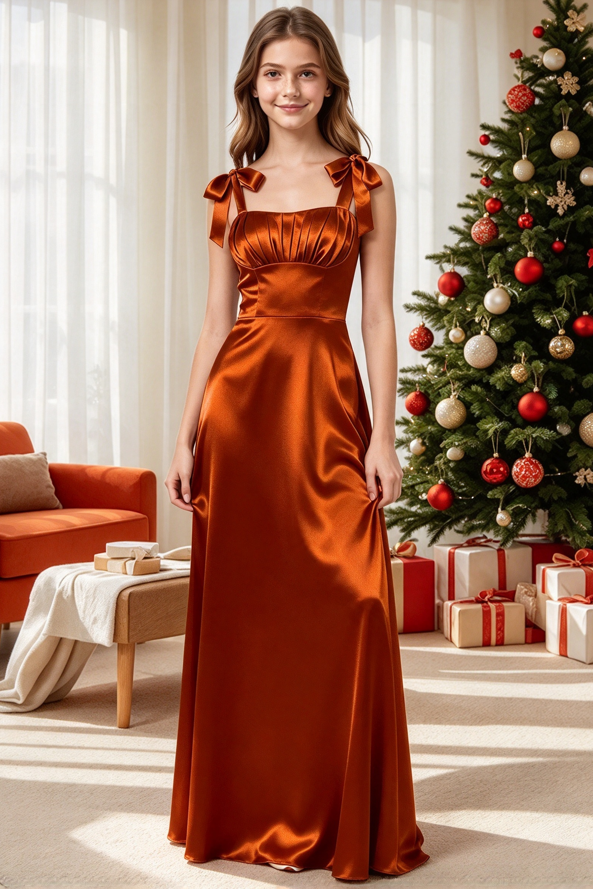 Wine Red Satin Bow Strap A-Line Formal Girls Maxi Dress