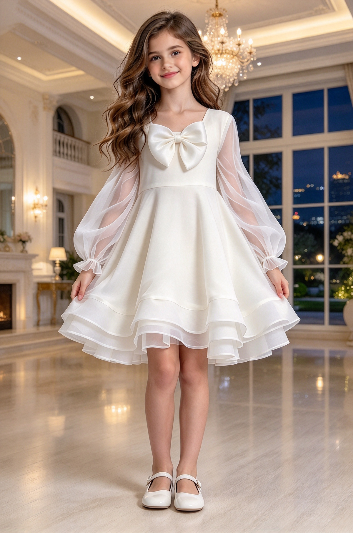 Cream White Girls Organza Bow Puff Sleeve A-Line Formal Dress