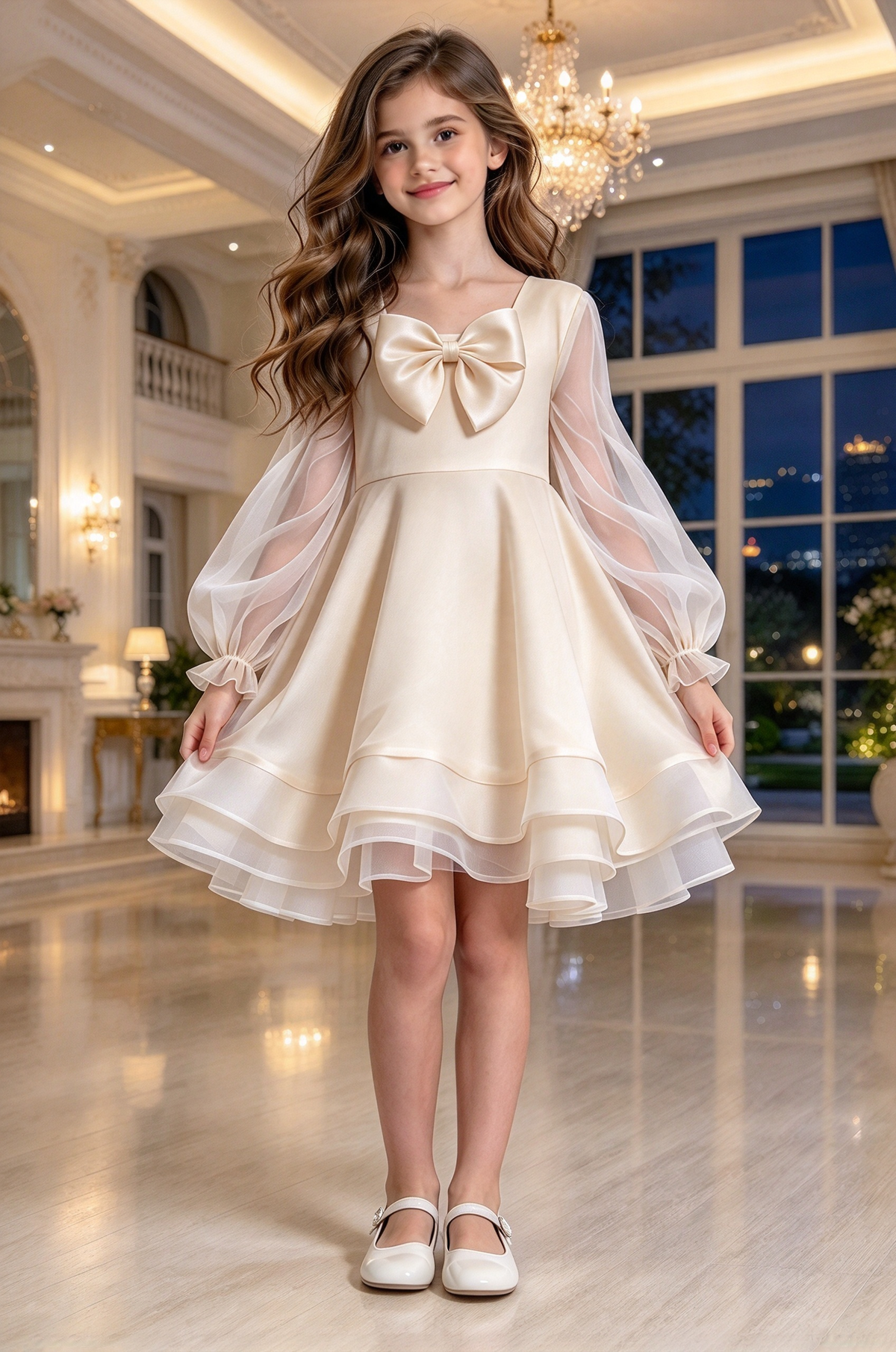 Cream White Girls Organza Bow Puff Sleeve A-Line Formal Dress
