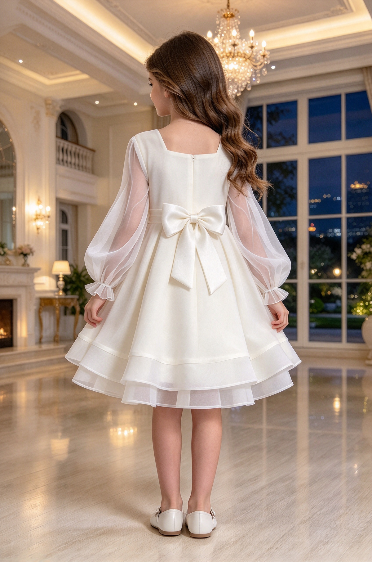 Cream White Girls Organza Bow Puff Sleeve A-Line Formal Dress