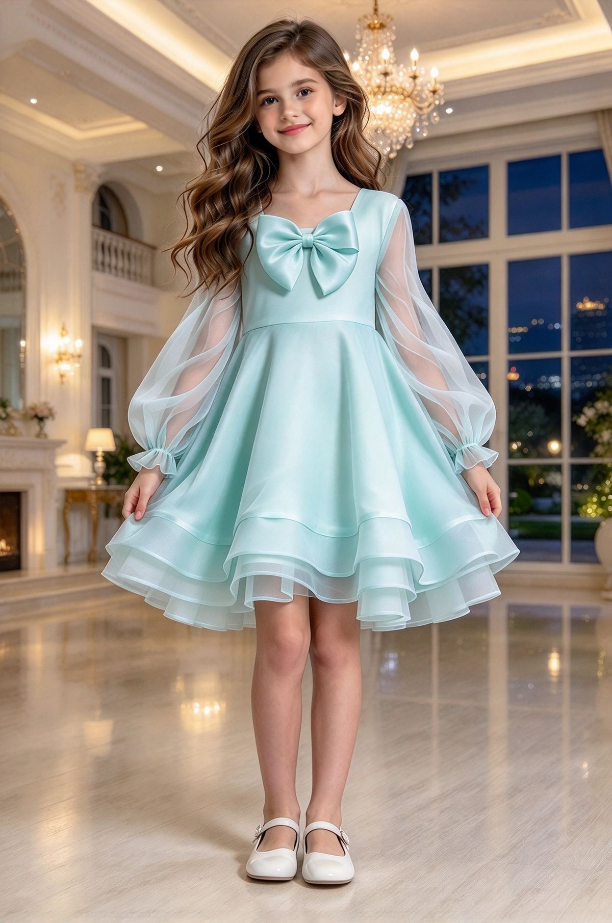 Cream White Girls Organza Bow Puff Sleeve A-Line Formal Dress