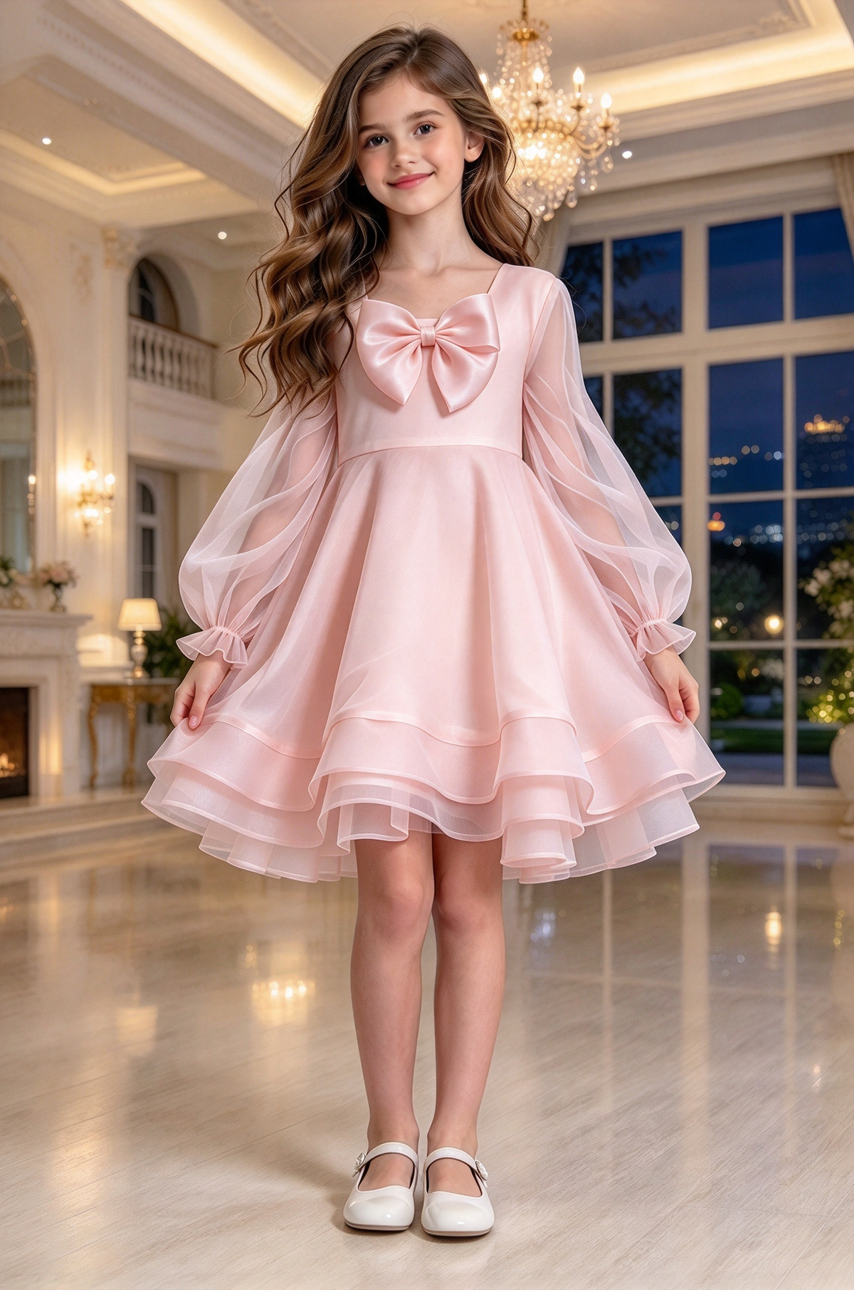 Cream White Girls Organza Bow Puff Sleeve A-Line Formal Dress