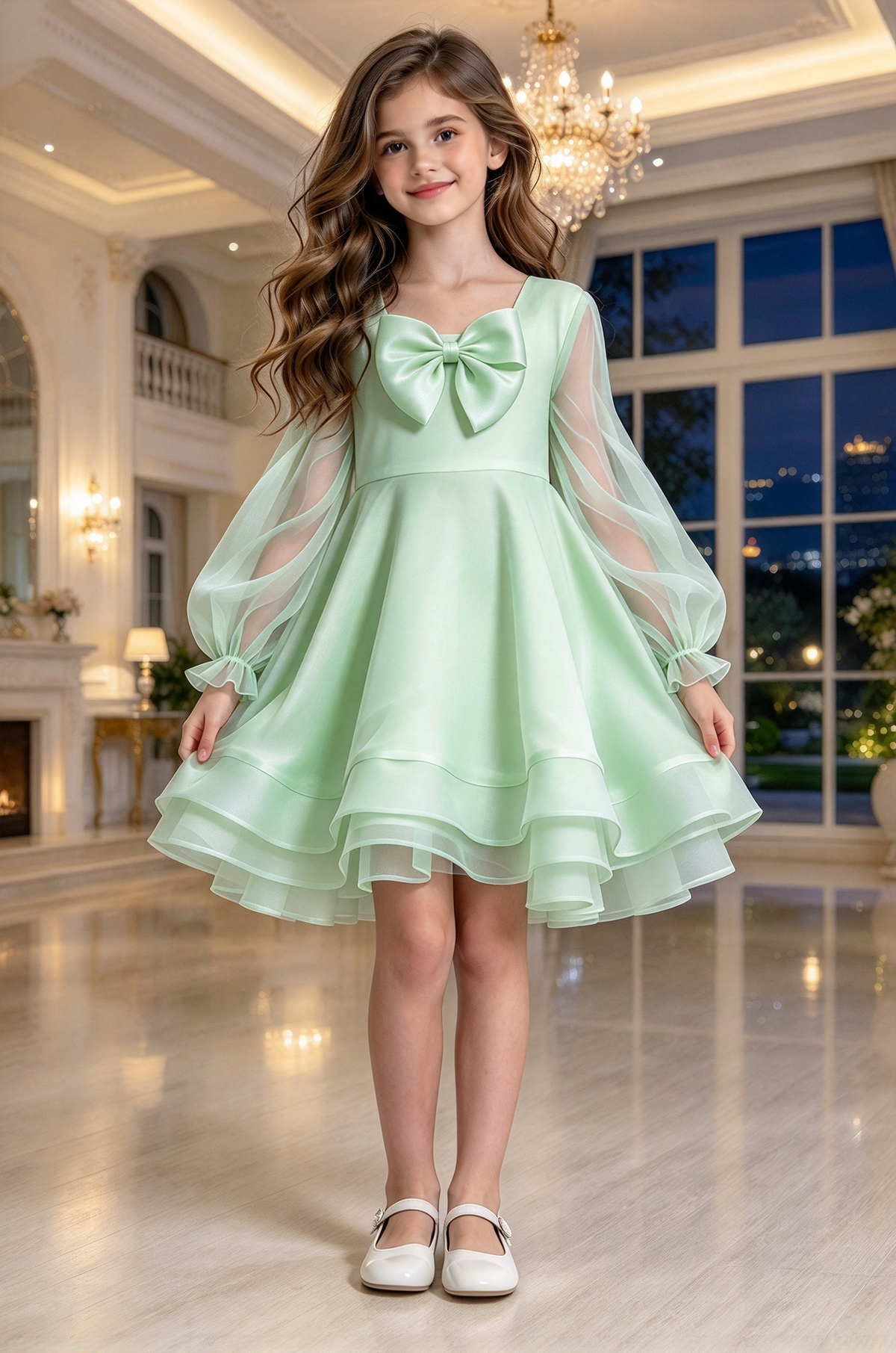 Cream White Girls Organza Bow Puff Sleeve A-Line Formal Dress