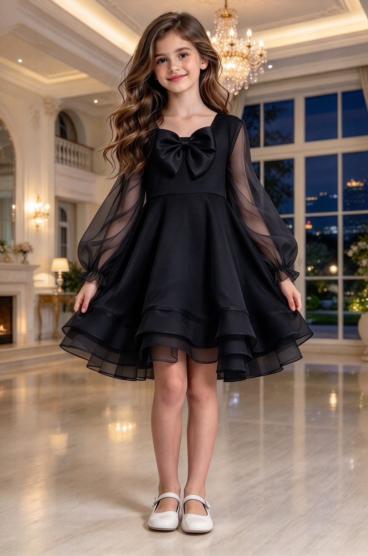 Cream White Girls Organza Bow Puff Sleeve A-Line Formal Dress