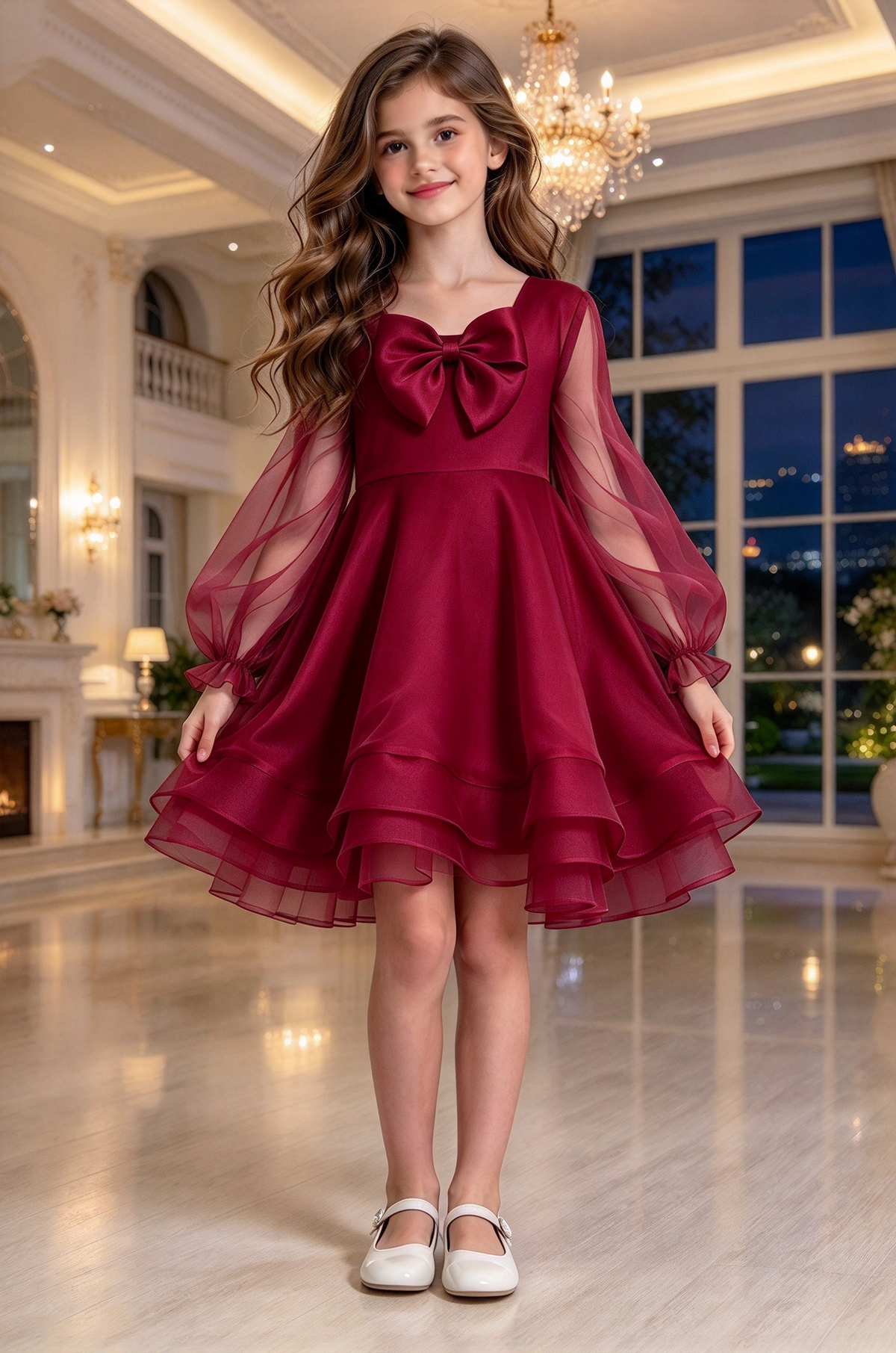 Cream White Girls Organza Bow Puff Sleeve A-Line Formal Dress