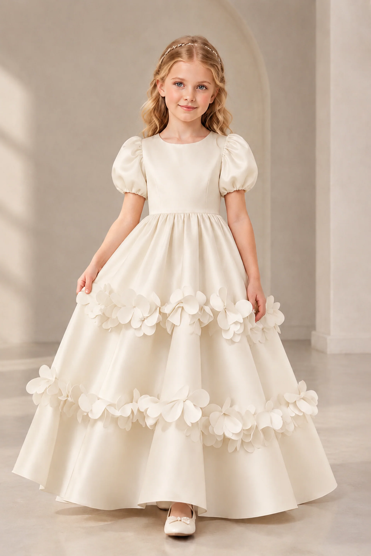 Light Pink Satin 3D Floral Puff Sleeve A-Line Formal Dress