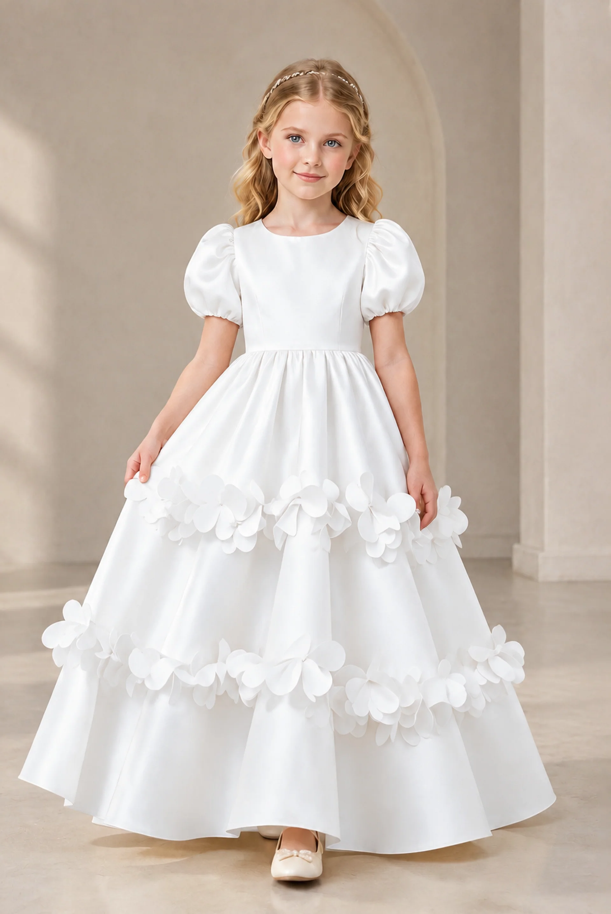 Light Pink Satin 3D Floral Puff Sleeve A-Line Formal Dress