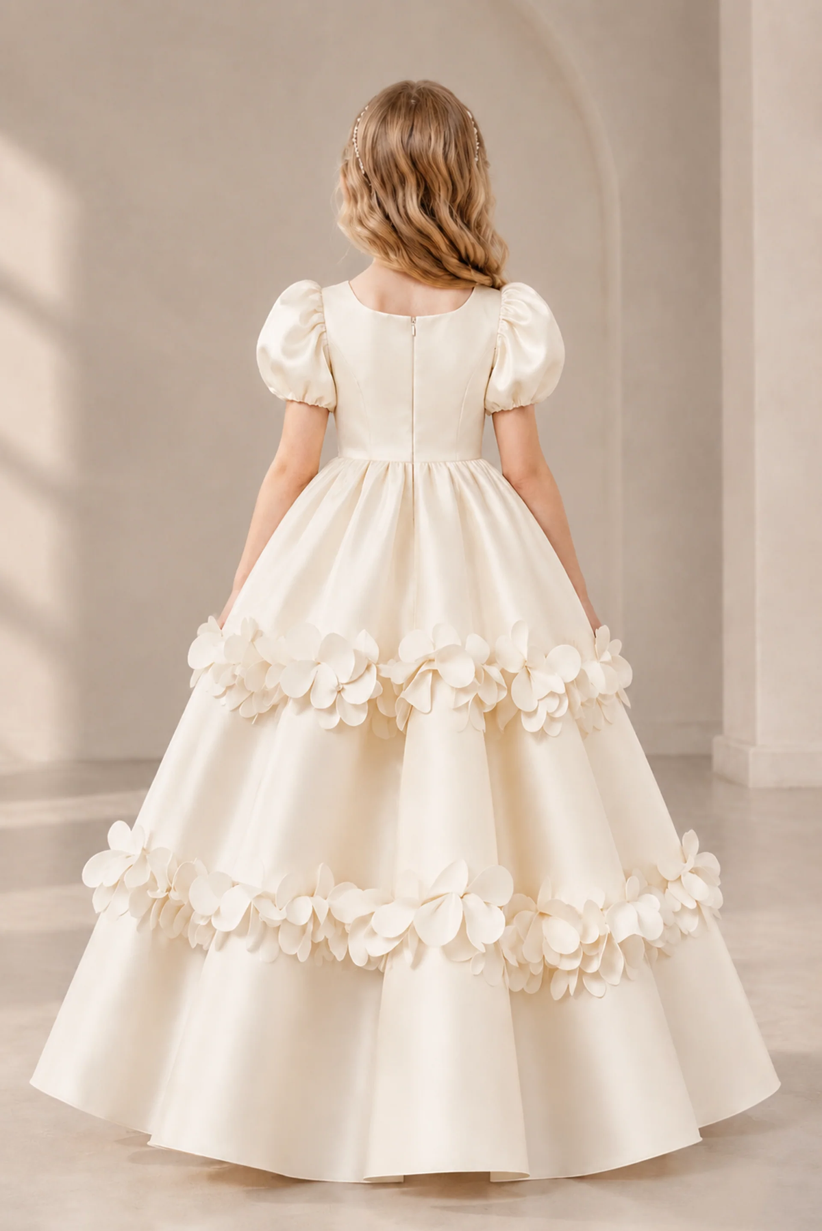 Light Pink Satin 3D Floral Puff Sleeve A-Line Formal Dress