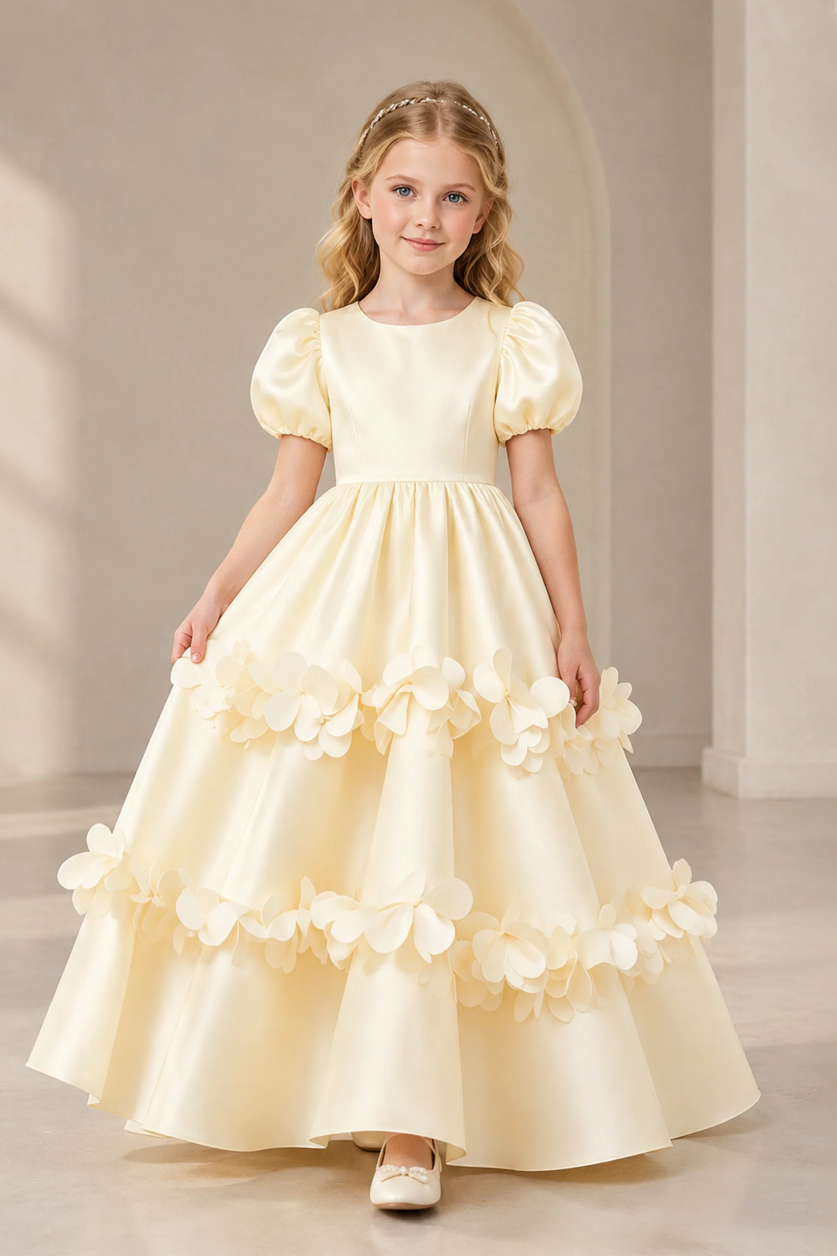 Light Pink Satin 3D Floral Puff Sleeve A-Line Formal Dress