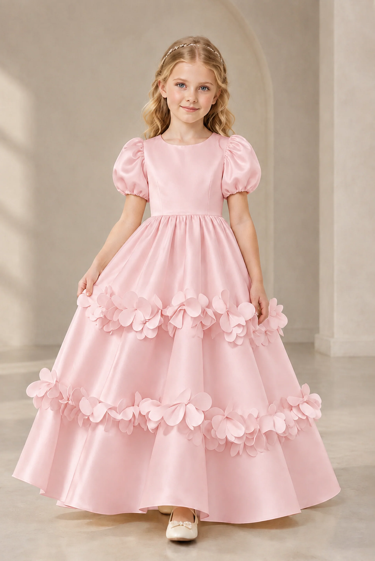 Light Pink Satin 3D Floral Puff Sleeve A-Line Formal Dress