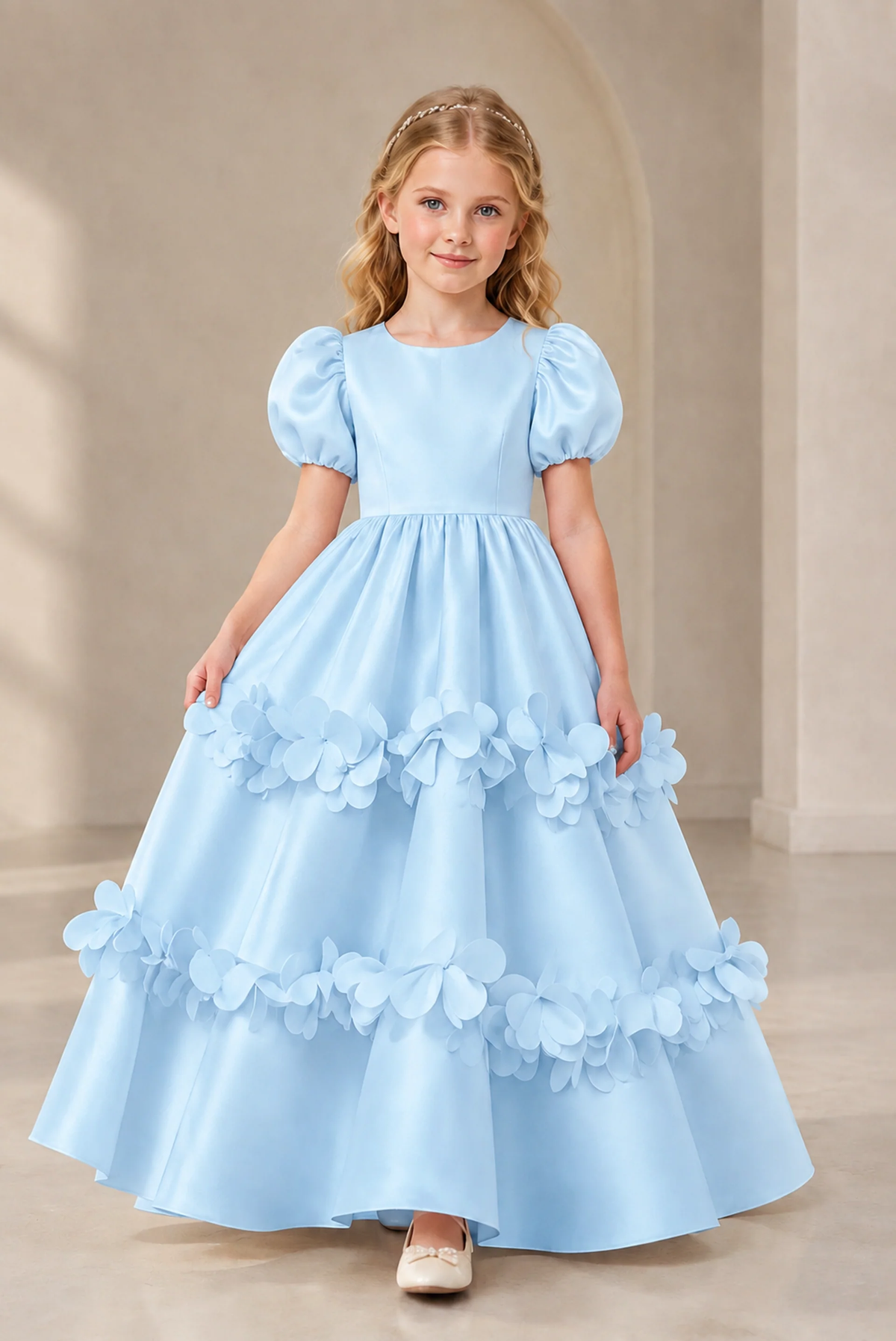 Light Pink Satin 3D Floral Puff Sleeve A-Line Formal Dress