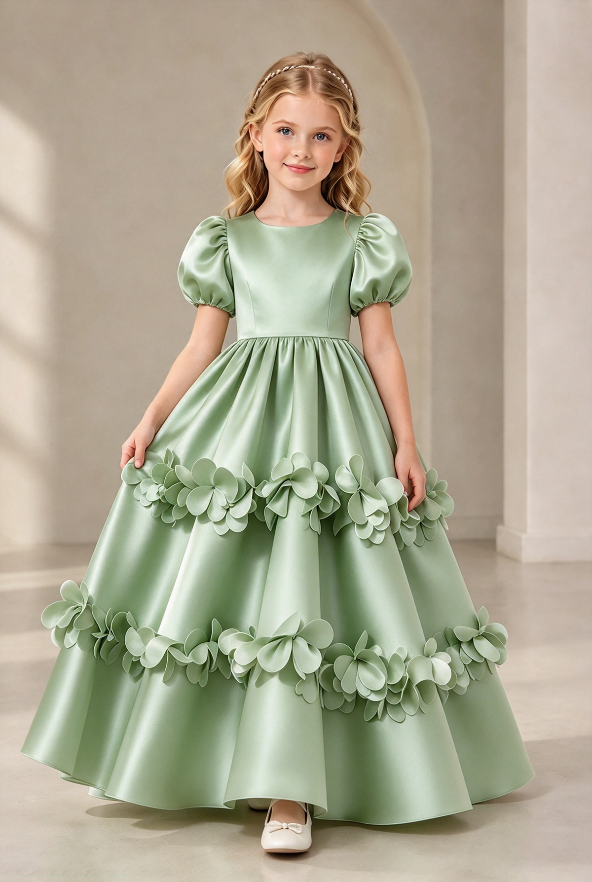 Light Pink Satin 3D Floral Puff Sleeve A-Line Formal Dress