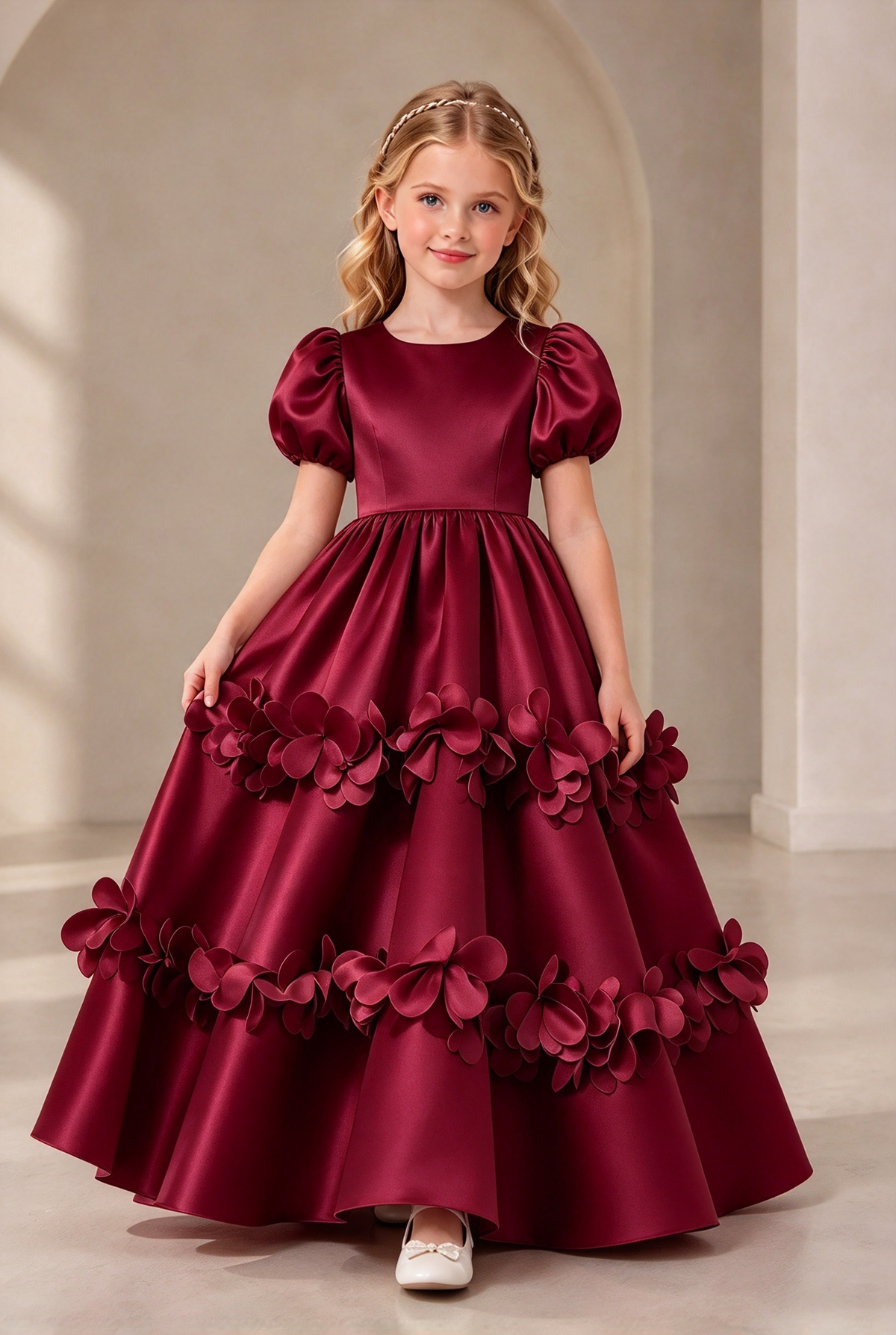 Light Pink Satin 3D Floral Puff Sleeve A-Line Formal Dress