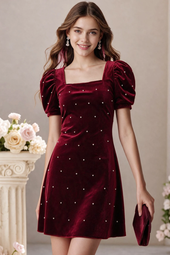 Burgundy Velvet Pearl Puff Sleeve A-Line Formal Dress