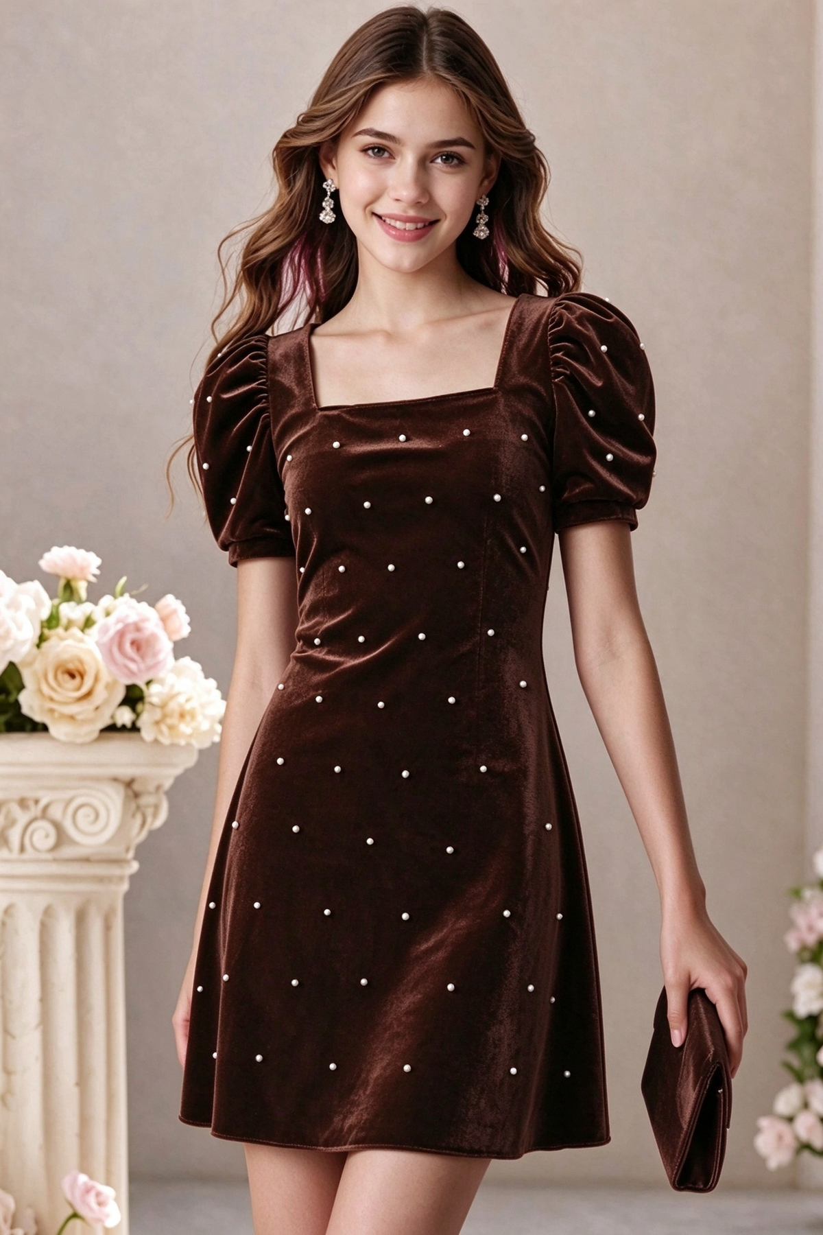 Burgundy Velvet Pearl Puff Sleeve A-Line Formal Dress