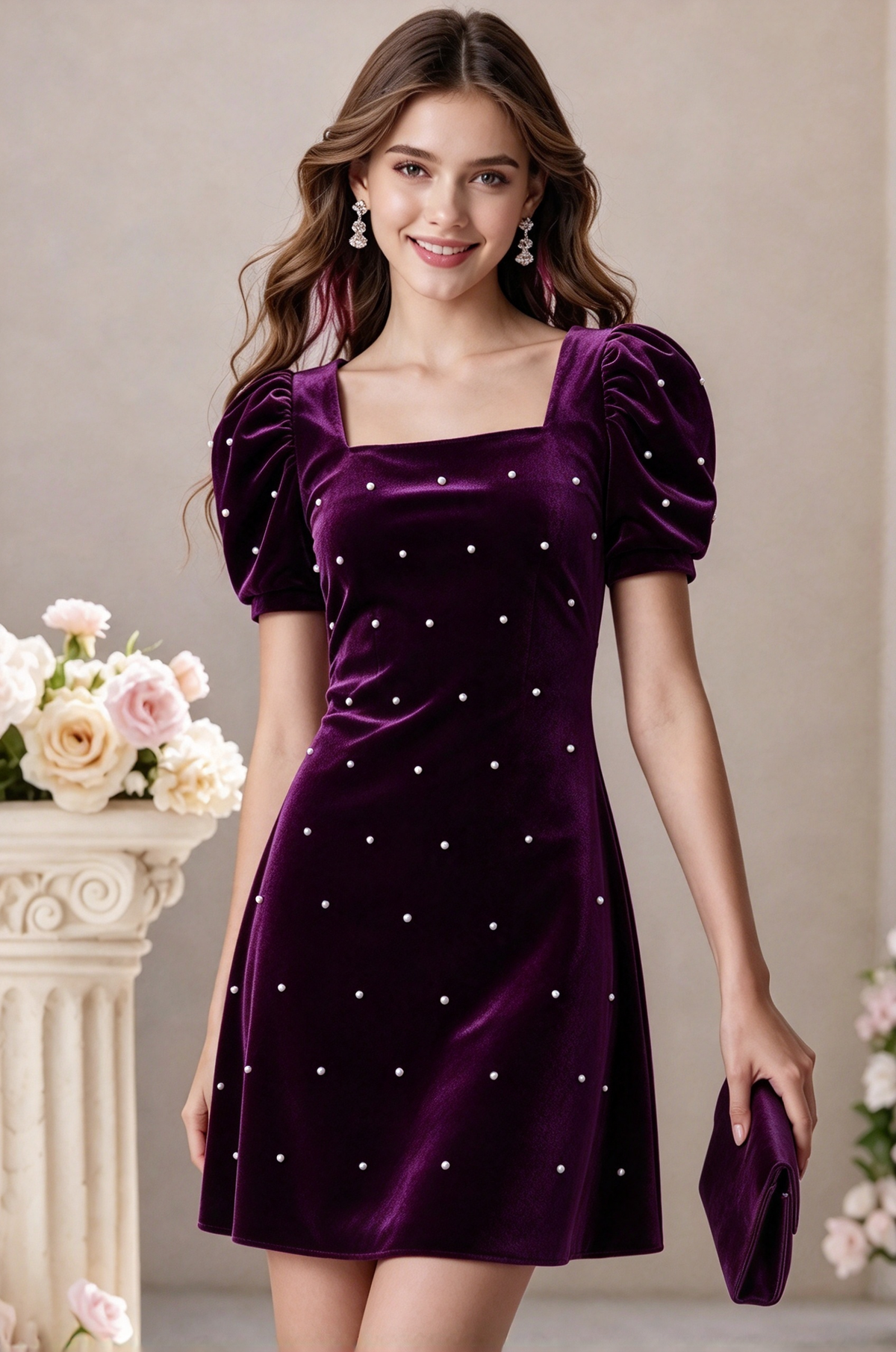 Burgundy Velvet Pearl Puff Sleeve A-Line Formal Dress