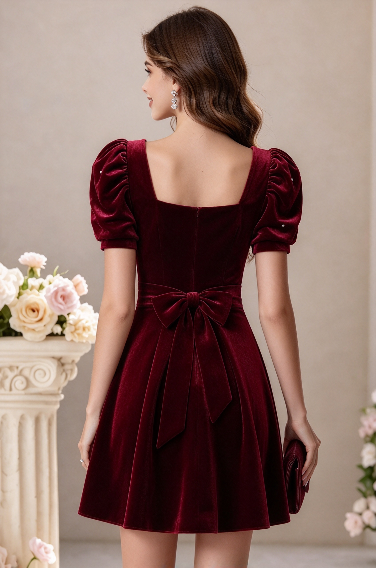 Burgundy Velvet Pearl Puff Sleeve A-Line Formal Dress