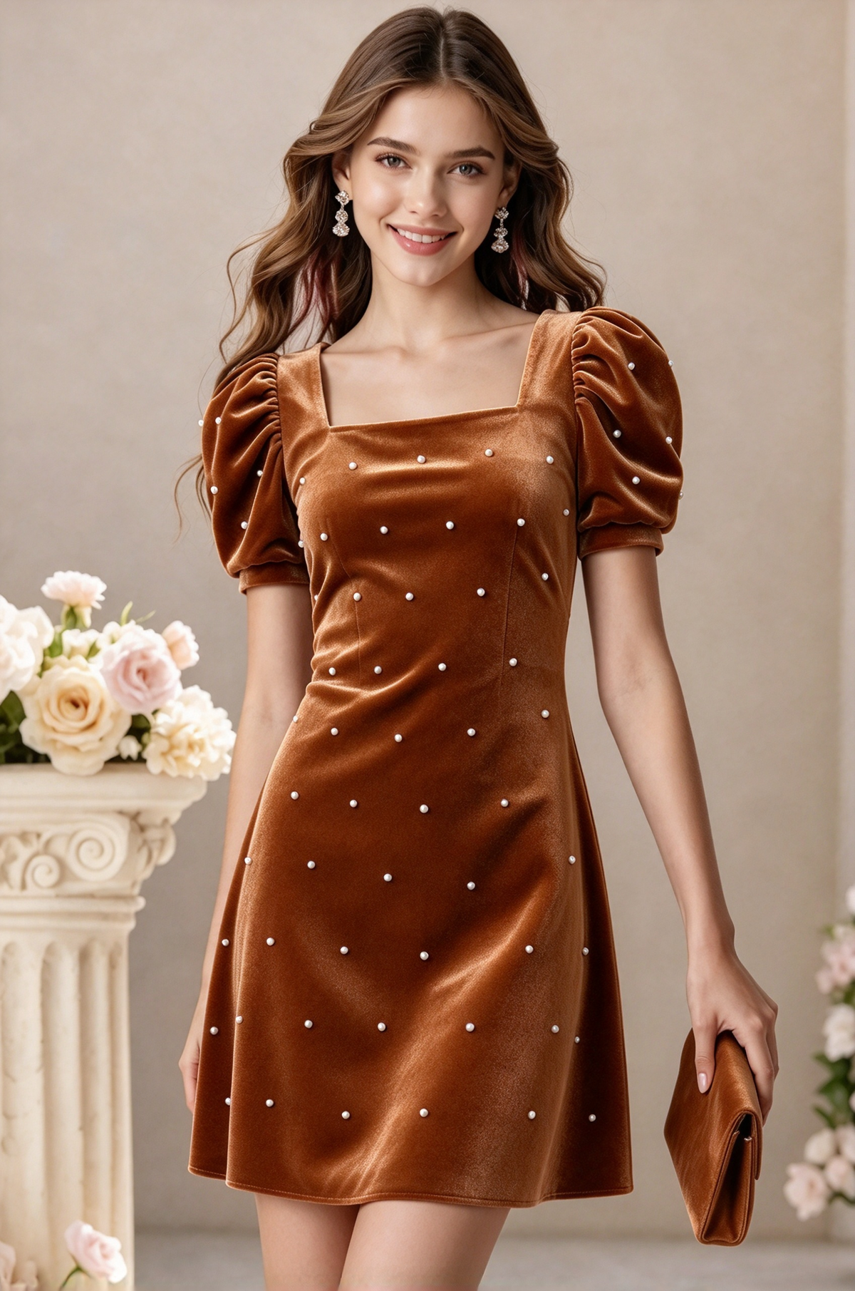 Burgundy Velvet Pearl Puff Sleeve A-Line Formal Dress
