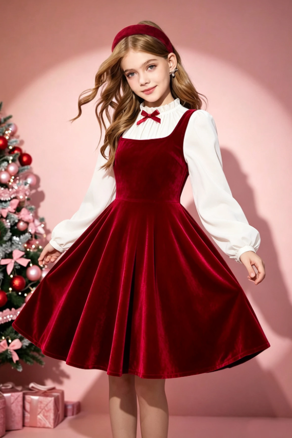 Rose Velvet White Chiffon Puff Sleeve Fake Two-Piece A-Line Dress