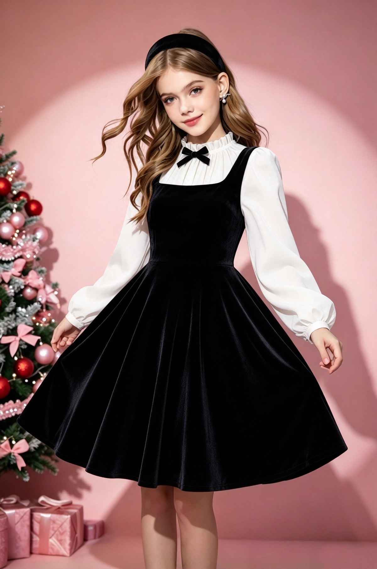 Rose Velvet White Chiffon Puff Sleeve Fake Two-Piece A-Line Dress