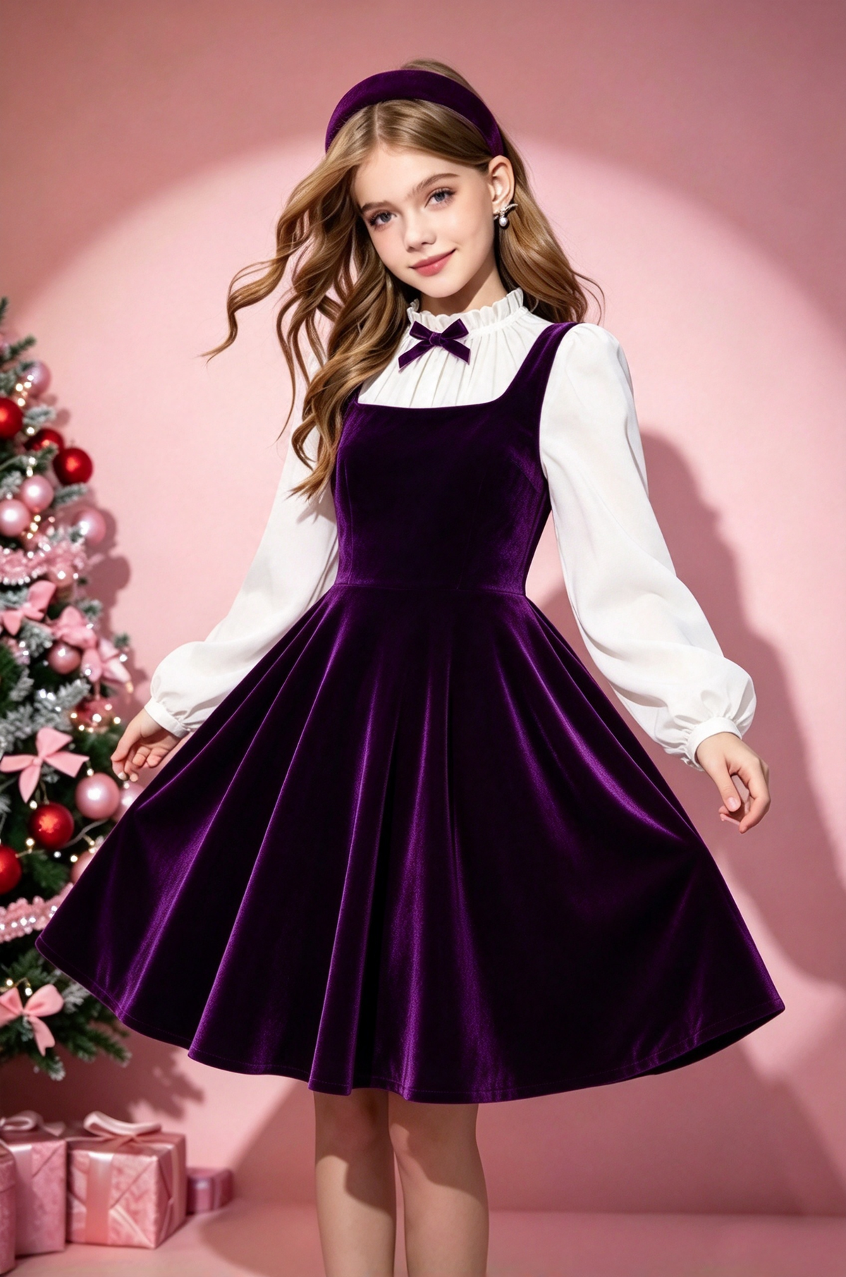 Rose Velvet White Chiffon Puff Sleeve Fake Two-Piece A-Line Dress