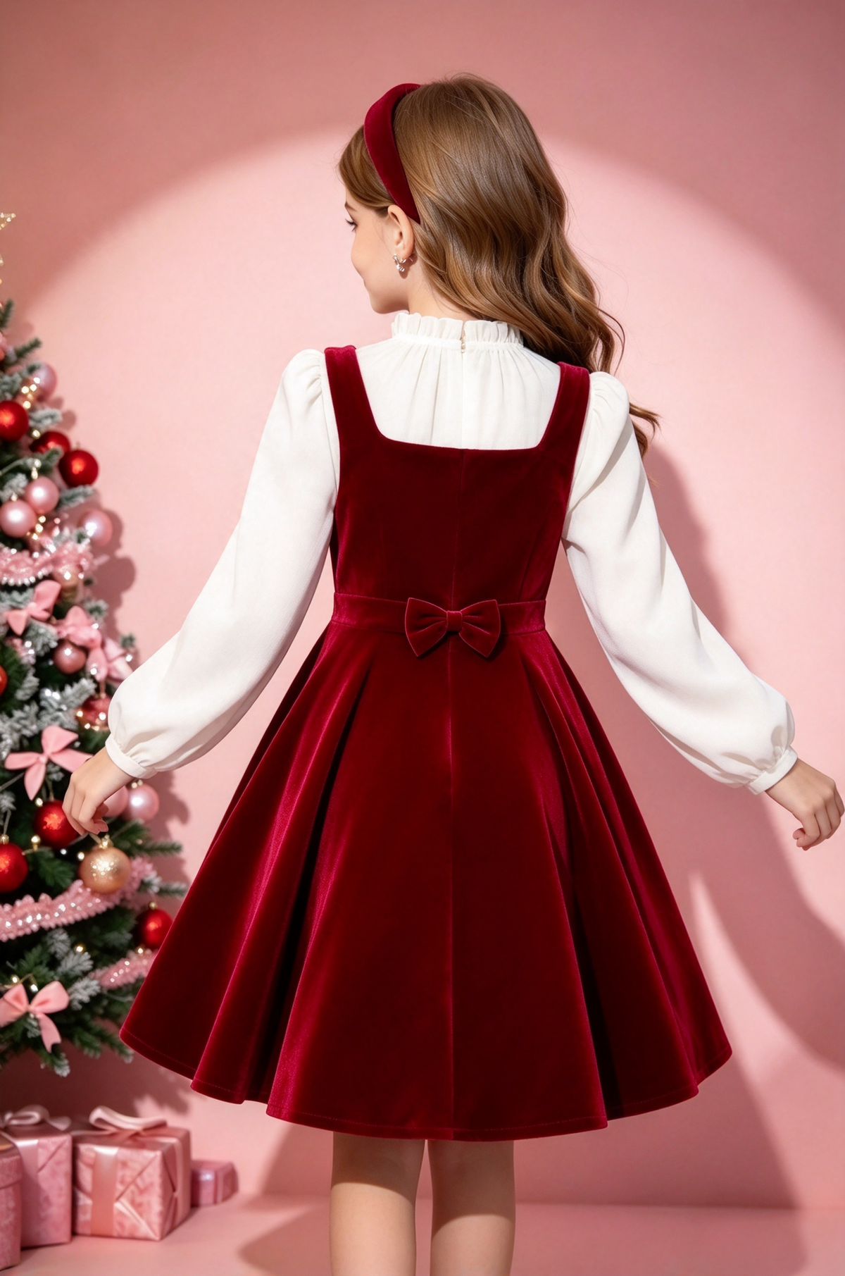 Rose Velvet White Chiffon Puff Sleeve Fake Two-Piece A-Line Dress