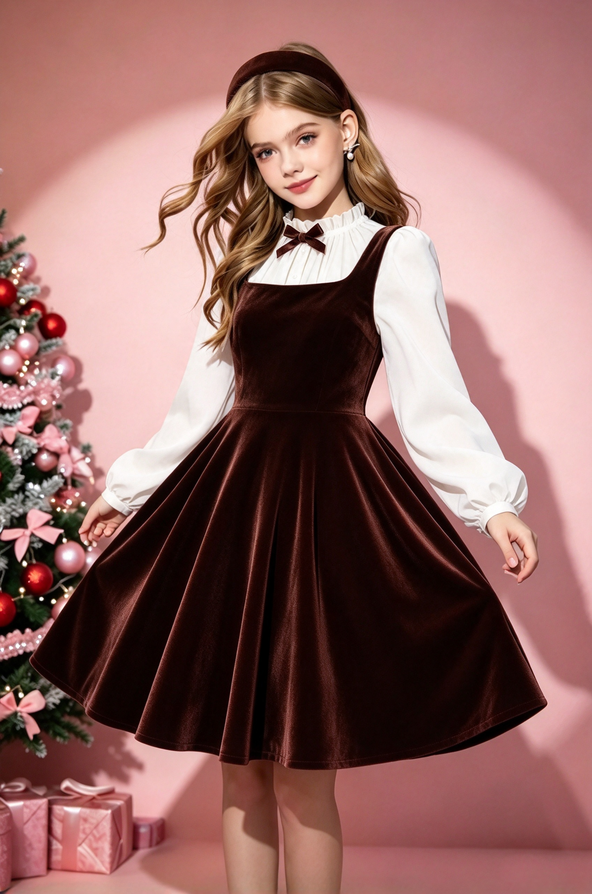 Rose Velvet White Chiffon Puff Sleeve Fake Two-Piece A-Line Dress