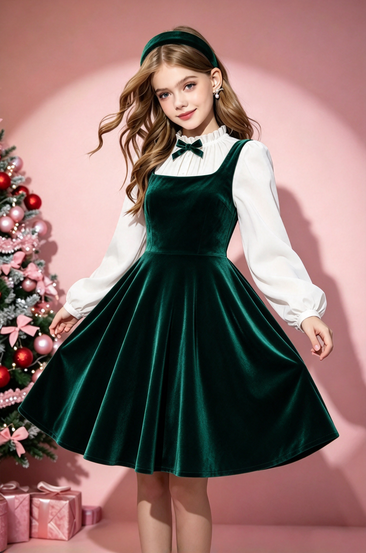 Rose Velvet White Chiffon Puff Sleeve Fake Two-Piece A-Line Dress