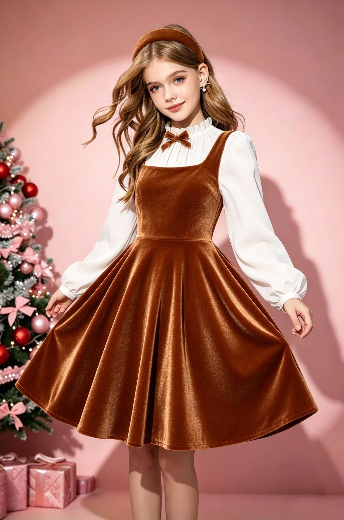 Rose Velvet White Chiffon Puff Sleeve Fake Two-Piece A-Line Dress