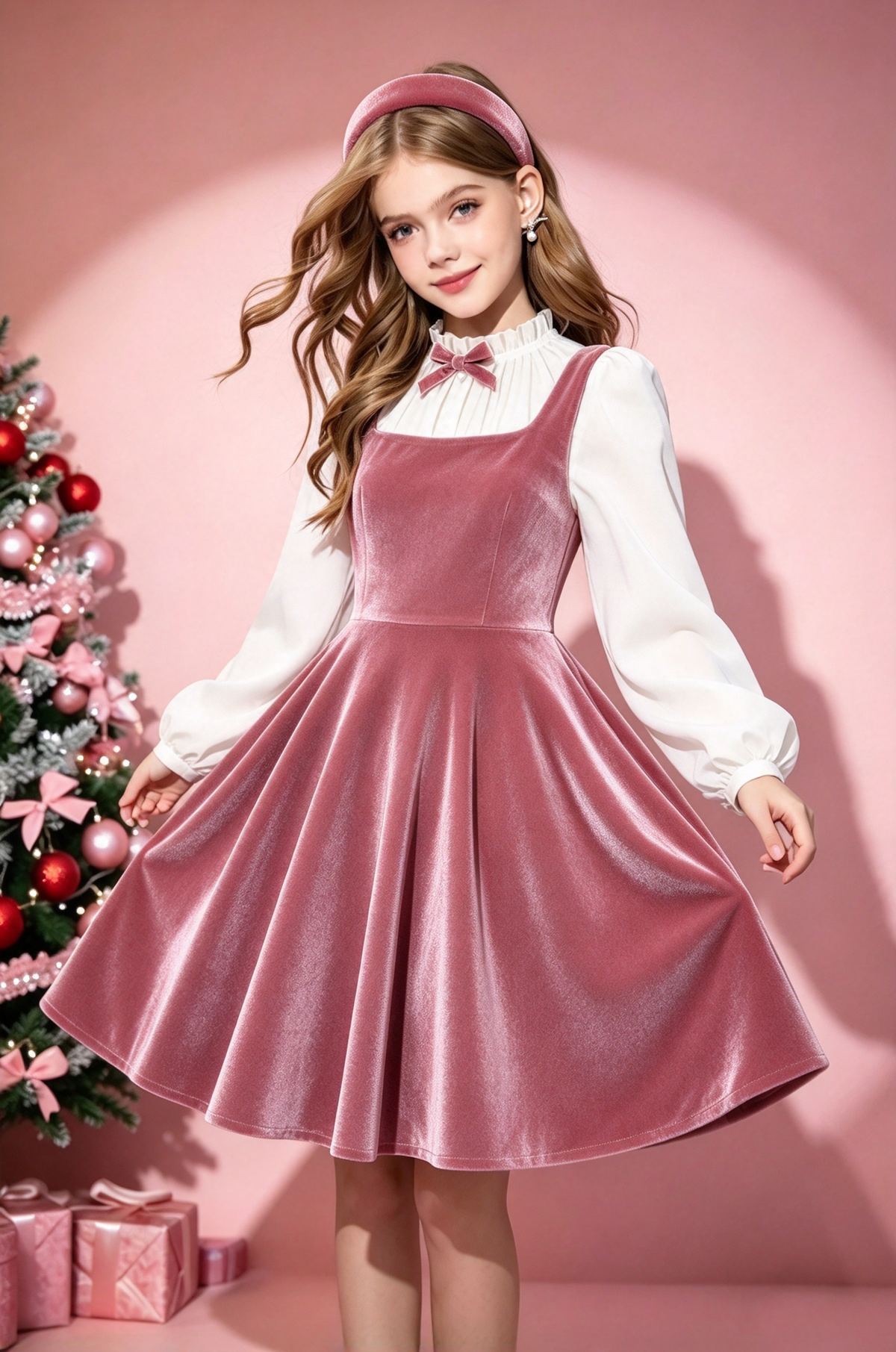 Rose Velvet White Chiffon Puff Sleeve Fake Two-Piece A-Line Dress