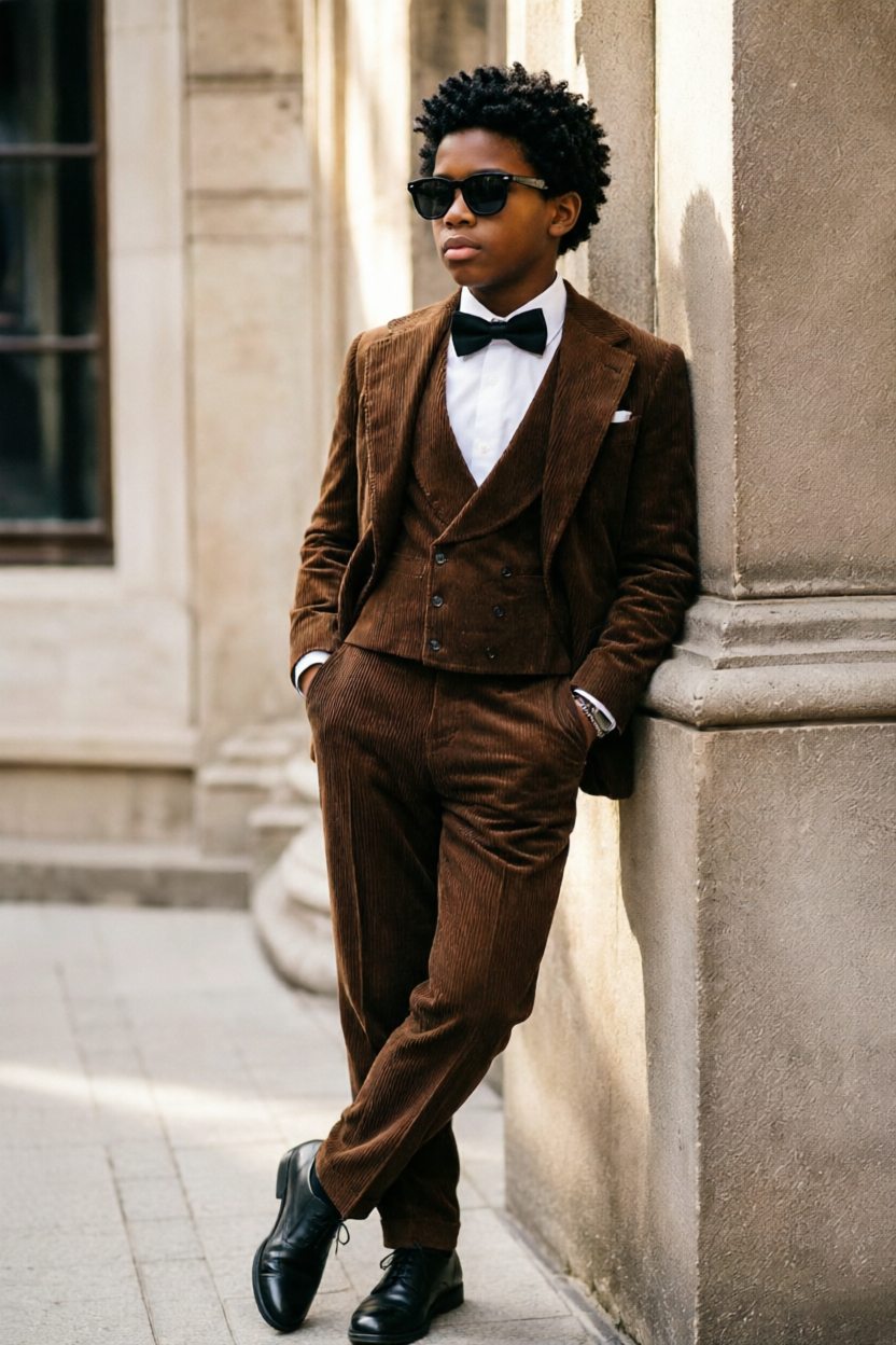 Dark Brown Corduroy Boys Double Breasted 3 Piece Forma Suit