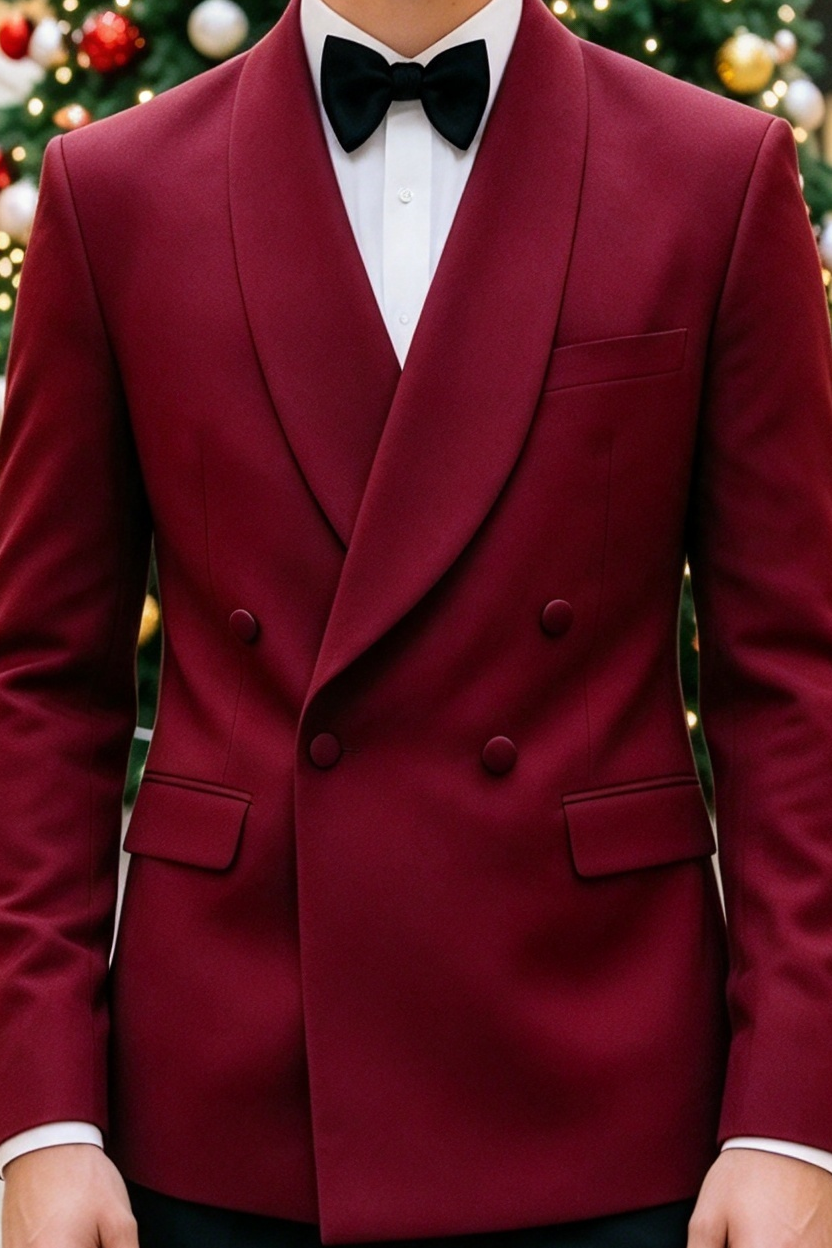 Burgundy & Black Double Breasted 2 Piece Tuxedo Suit