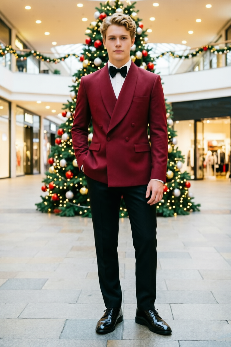 Burgundy & Black Double Breasted 2 Piece Tuxedo Suit