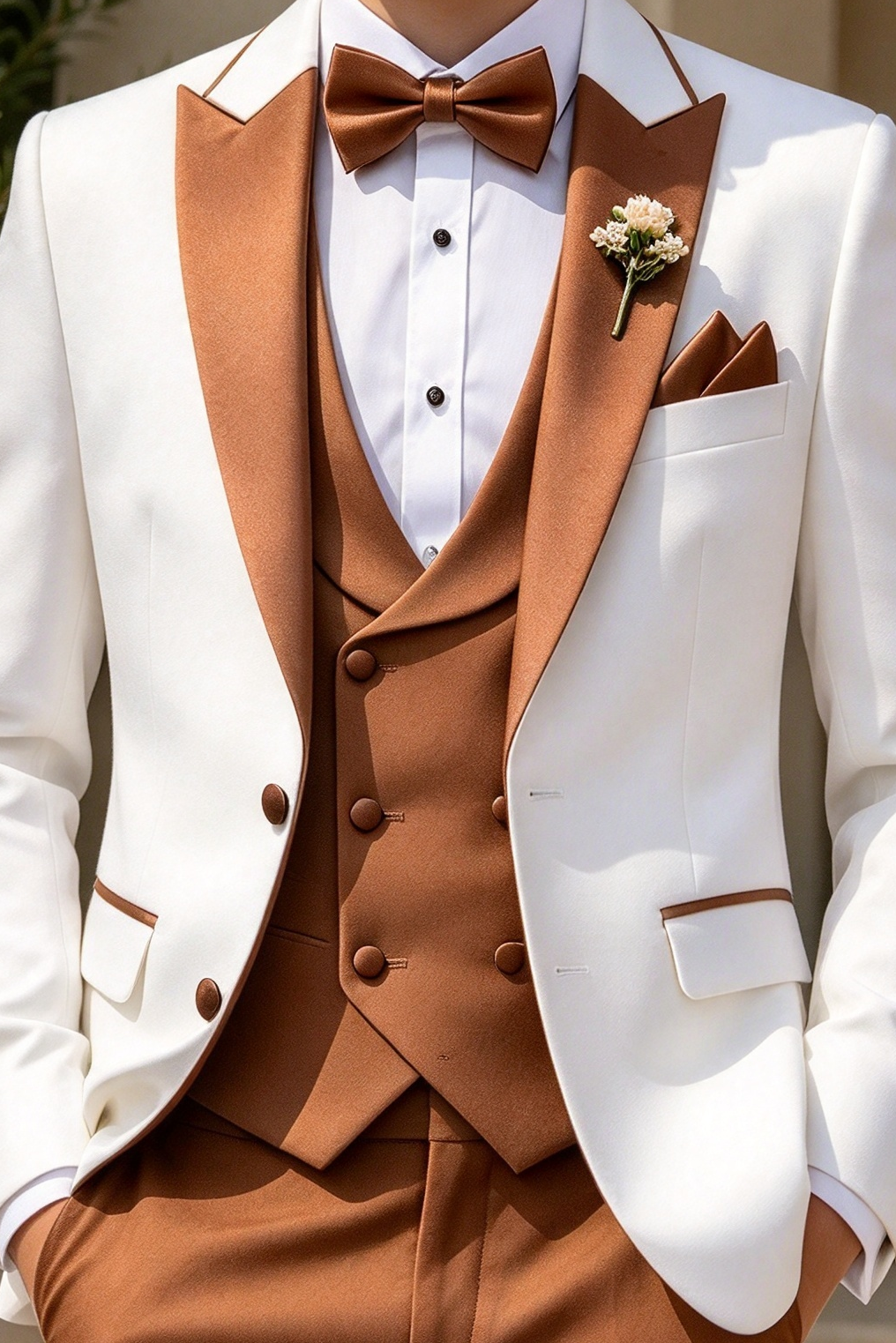 White & Caramel Double Breasted 3 Piece Tuxedo Suit