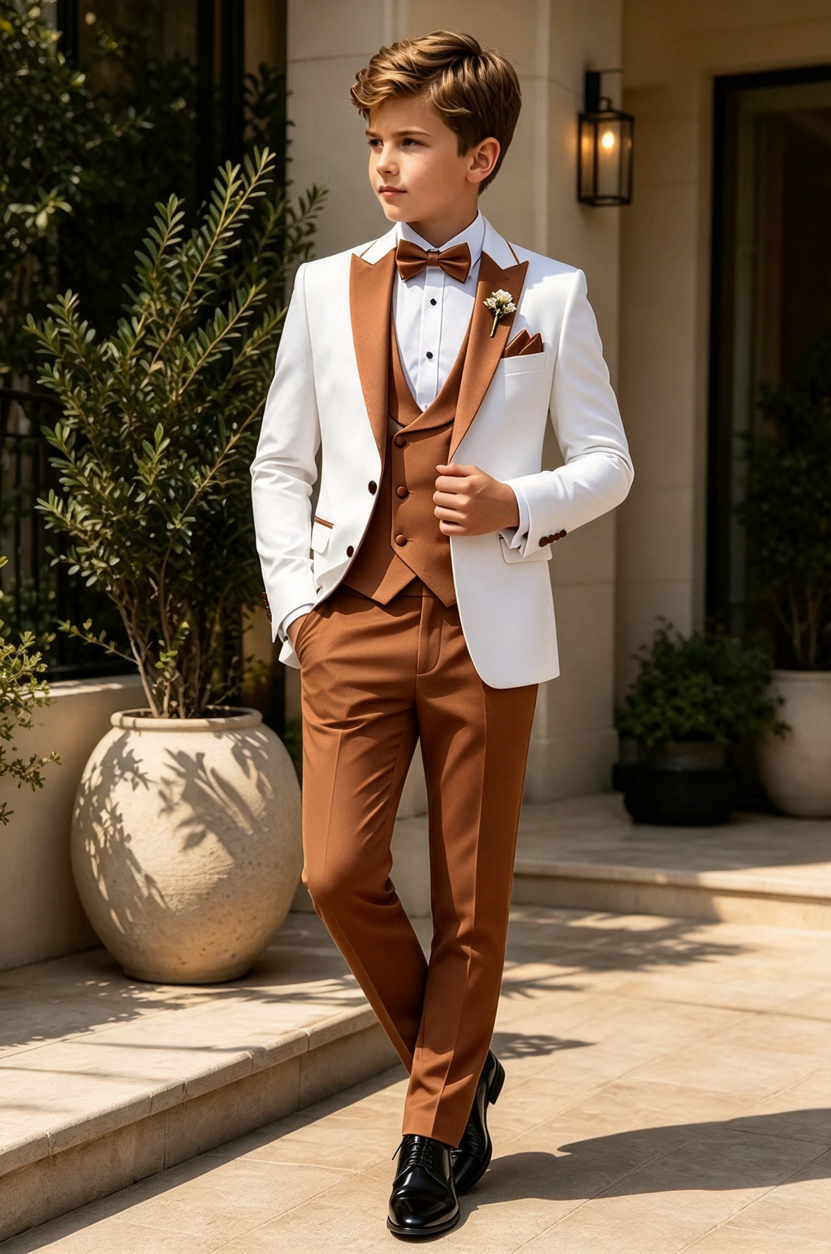 White & Caramel Double Breasted 3 Piece Tuxedo Suit