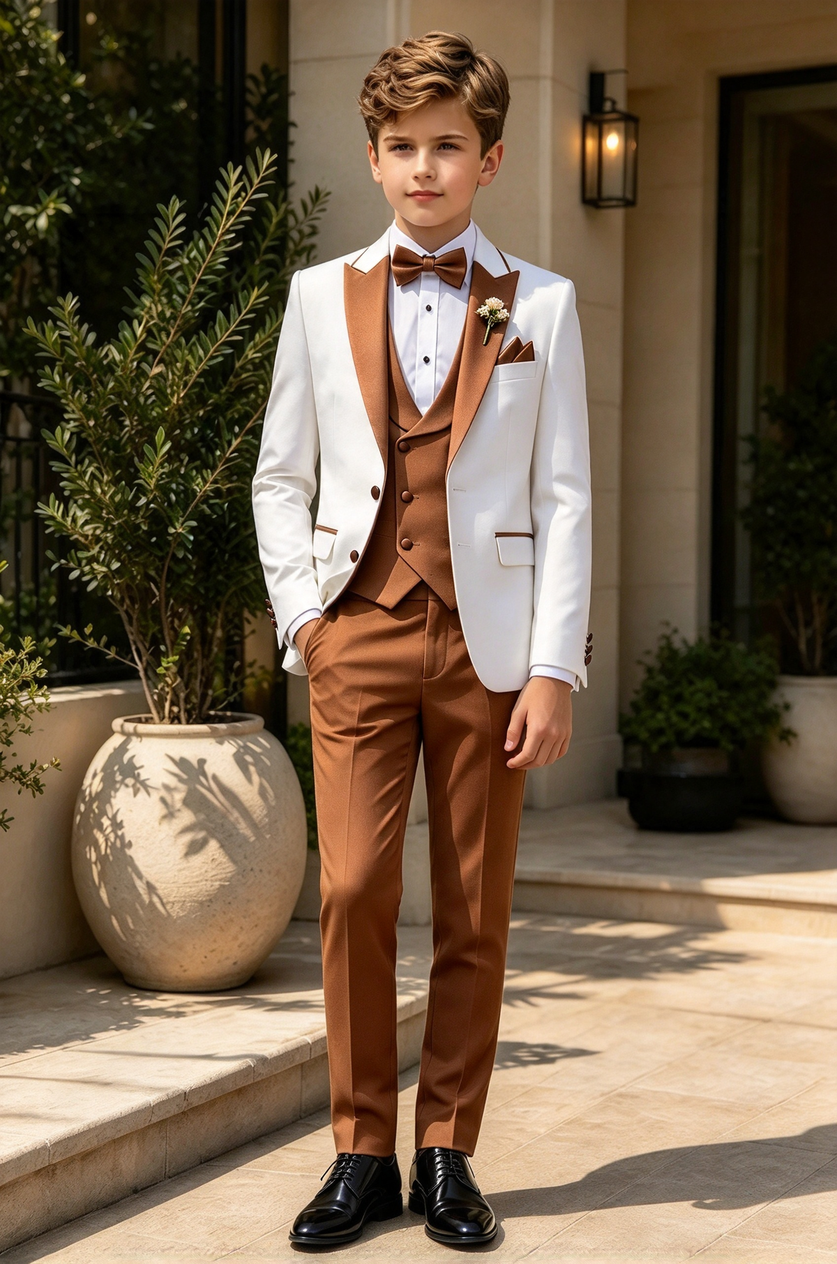 White & Caramel Double Breasted 3 Piece Tuxedo Suit