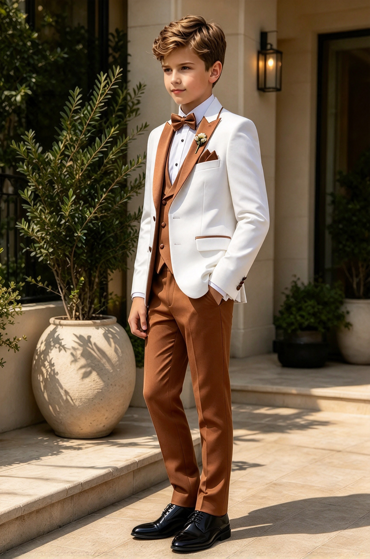 White & Caramel Double Breasted 3 Piece Tuxedo Suit