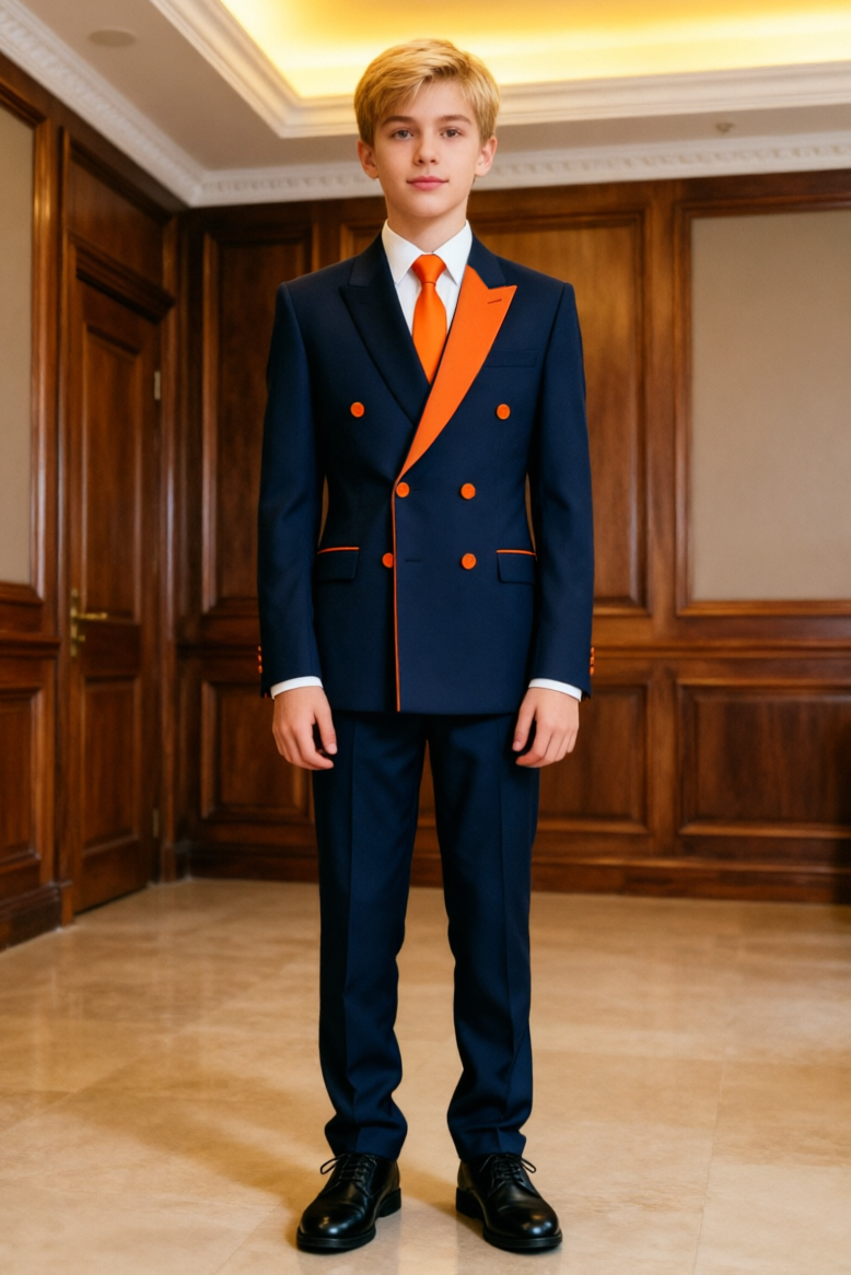 Navy & Orange Boys Double Breasted 2 Piece Suit