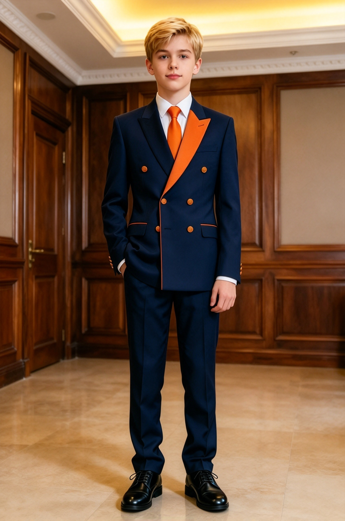 Navy & Orange Boys Double Breasted 2 Piece Suit