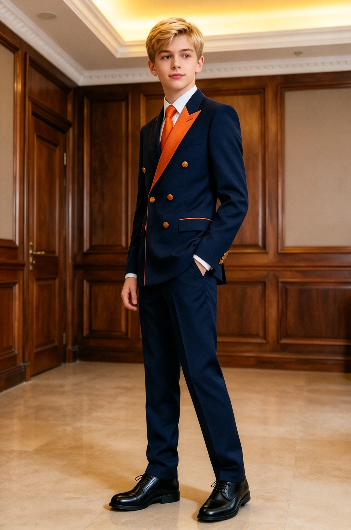 Navy & Orange Boys Double Breasted 2 Piece Suit
