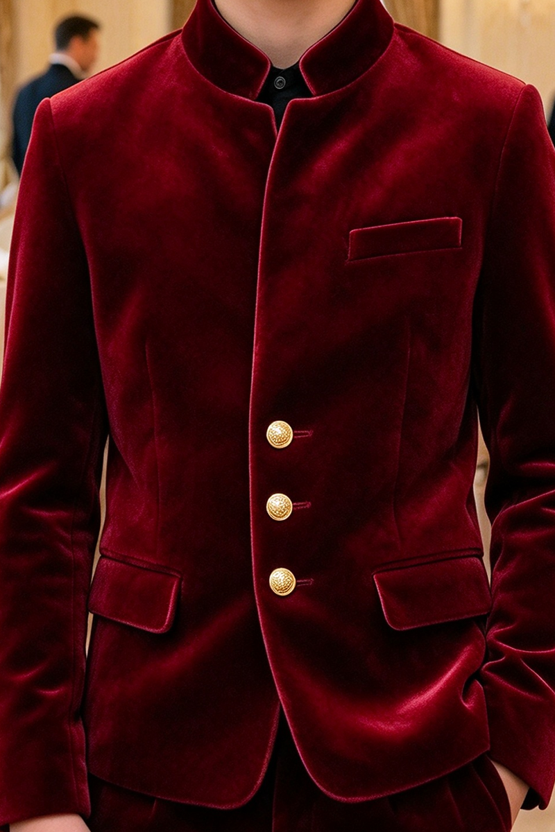 Boys Burgundy Velvet with Stand Collar 2-Piece Suit