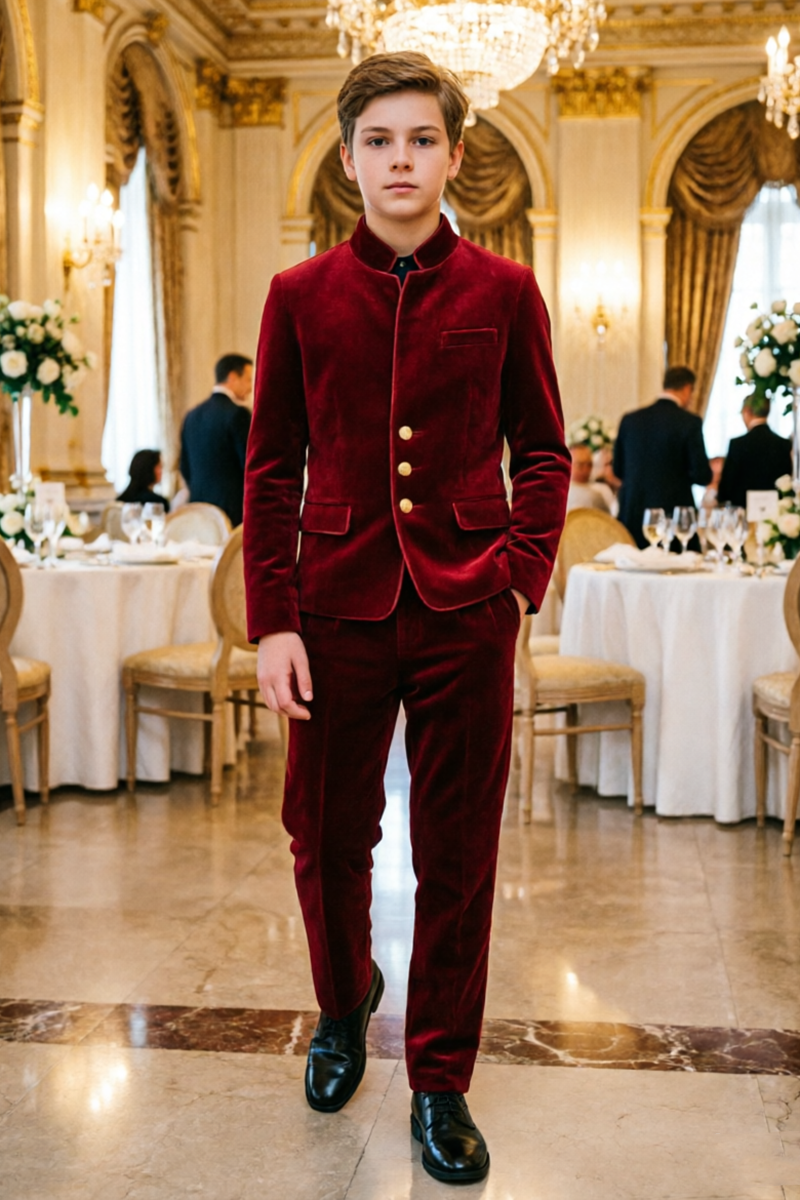 Boys Burgundy Velvet with Stand Collar 2-Piece Suit