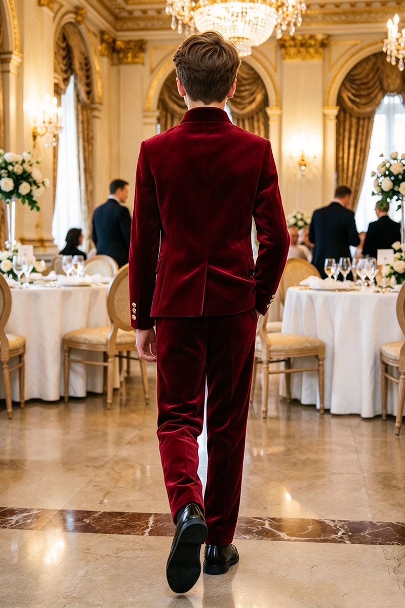 Boys Burgundy Velvet with Stand Collar 2-Piece Suit