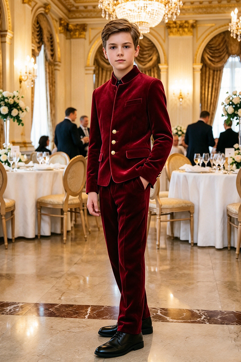 Boys Burgundy Velvet with Stand Collar 2-Piece Suit