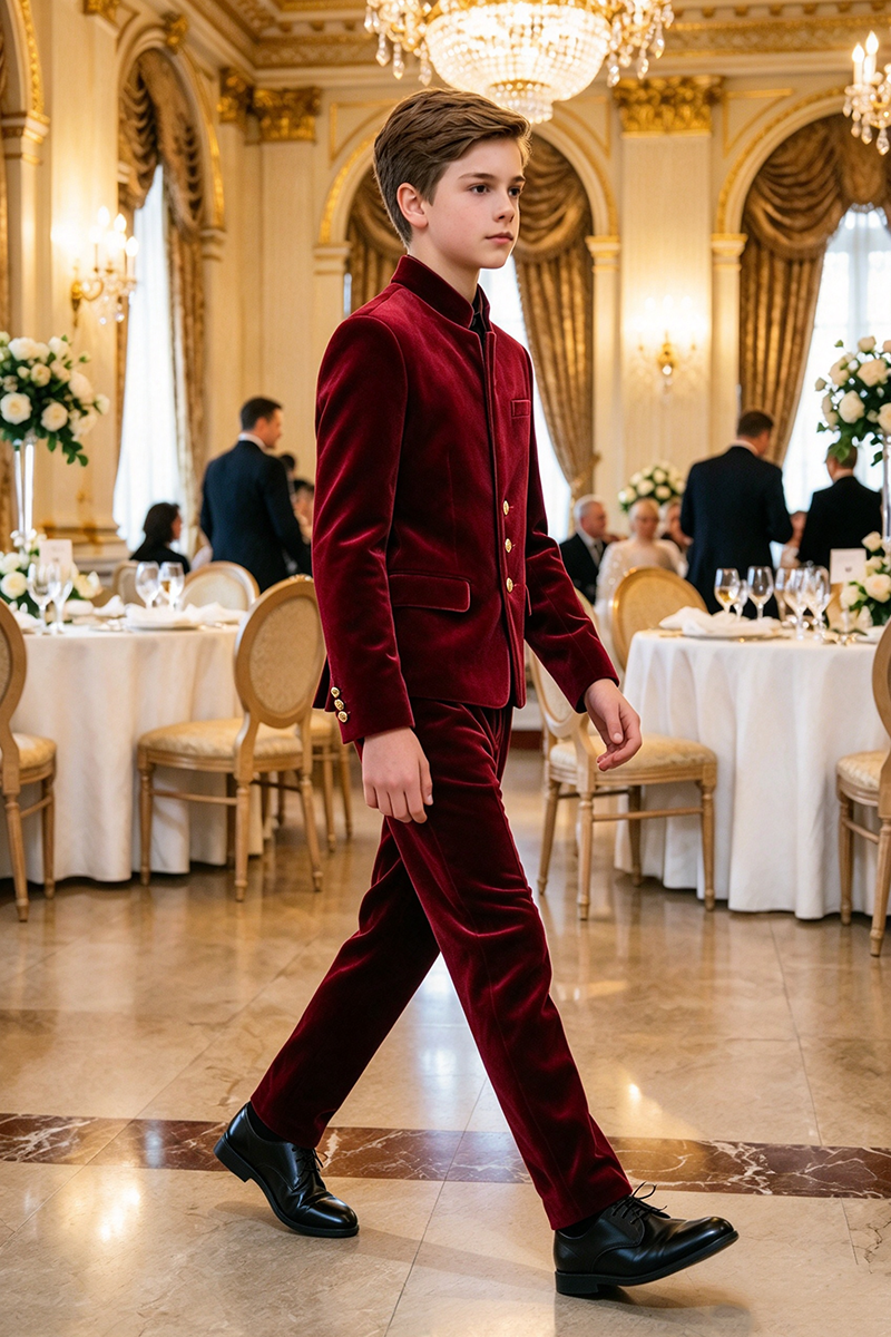 Boys Burgundy Velvet with Stand Collar 2-Piece Suit