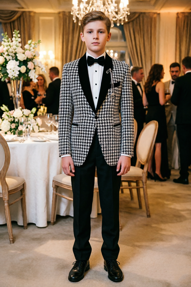 Boys Houndstooth Velvet Shawl Lapel 2-Piece Suit