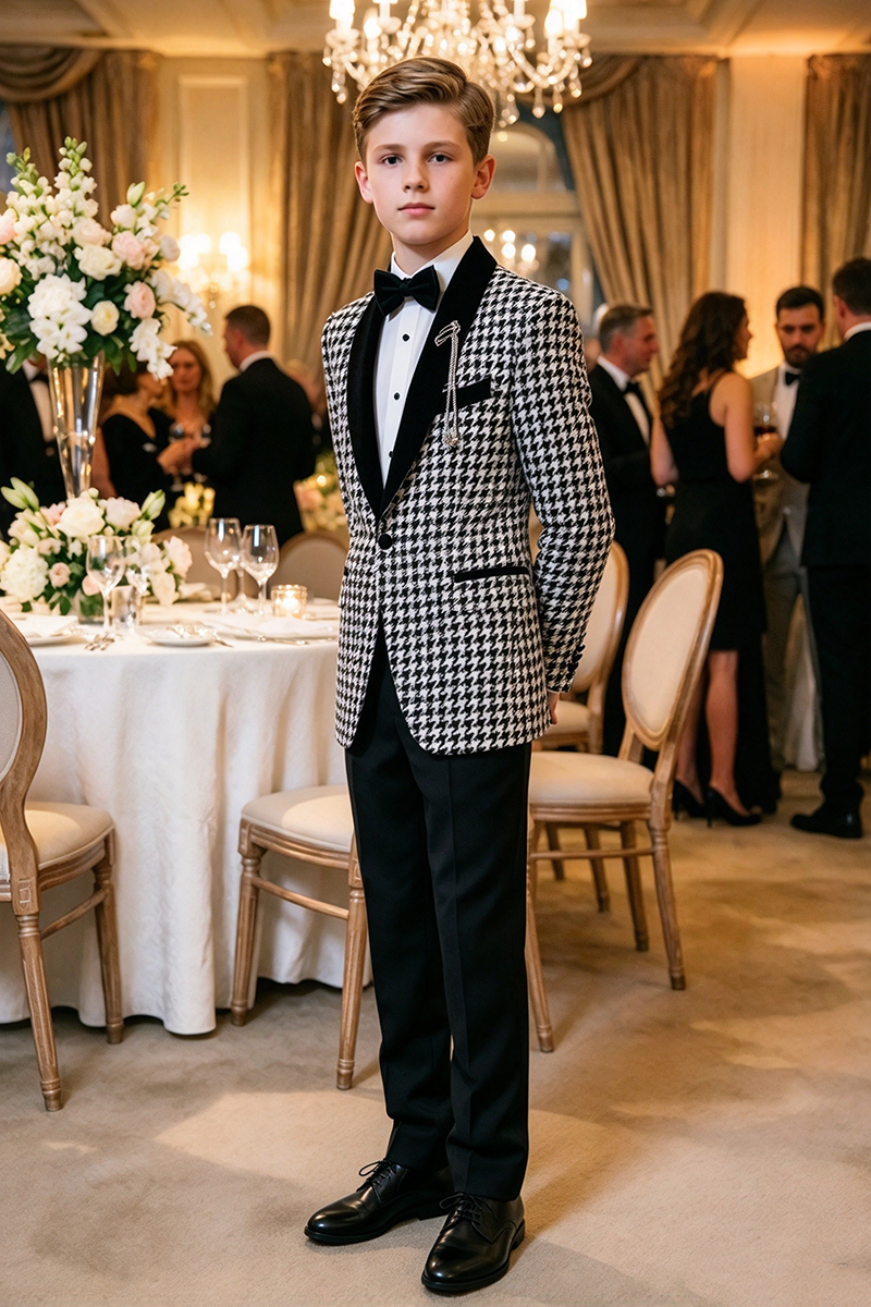 Boys Houndstooth Velvet Shawl Lapel 2-Piece Suit