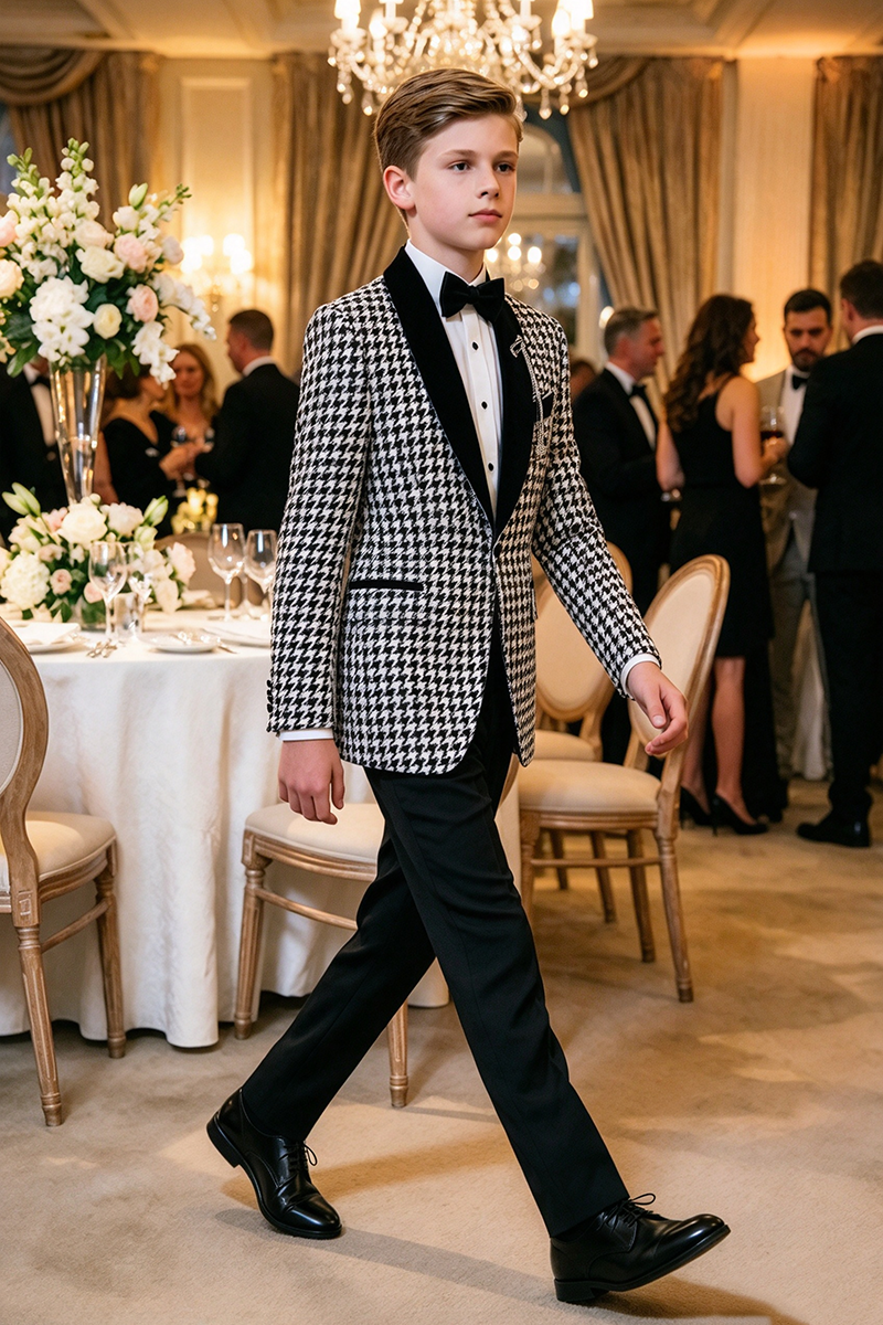 Boys Houndstooth Velvet Shawl Lapel 2-Piece Suit
