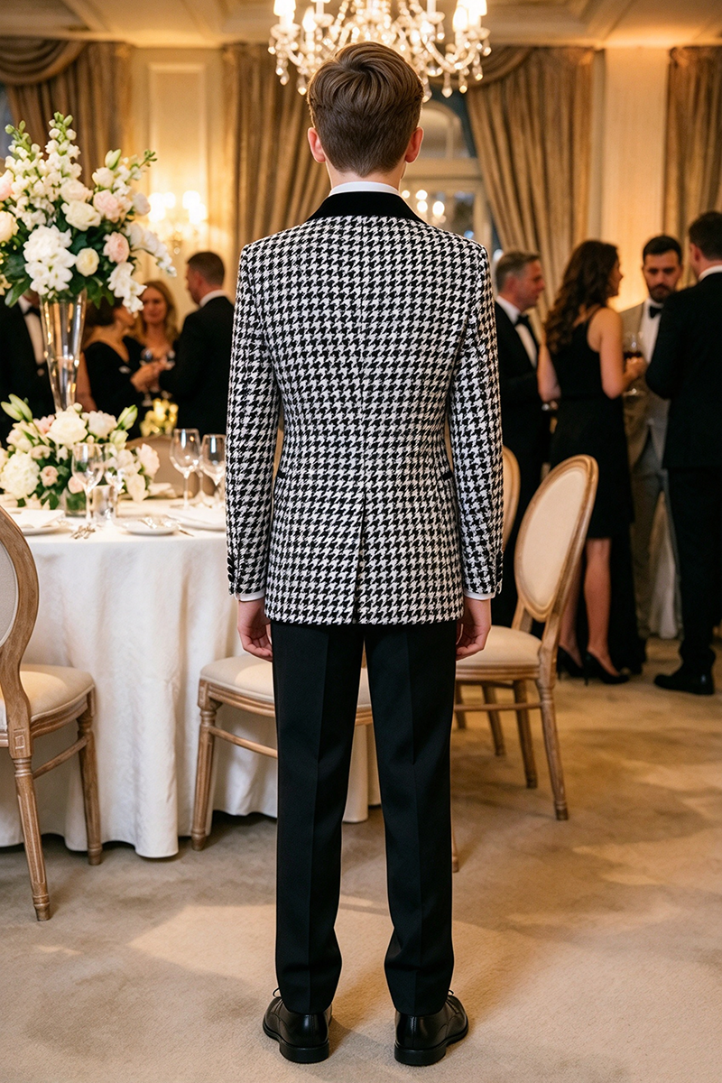 Boys Houndstooth Velvet Shawl Lapel 2-Piece Suit